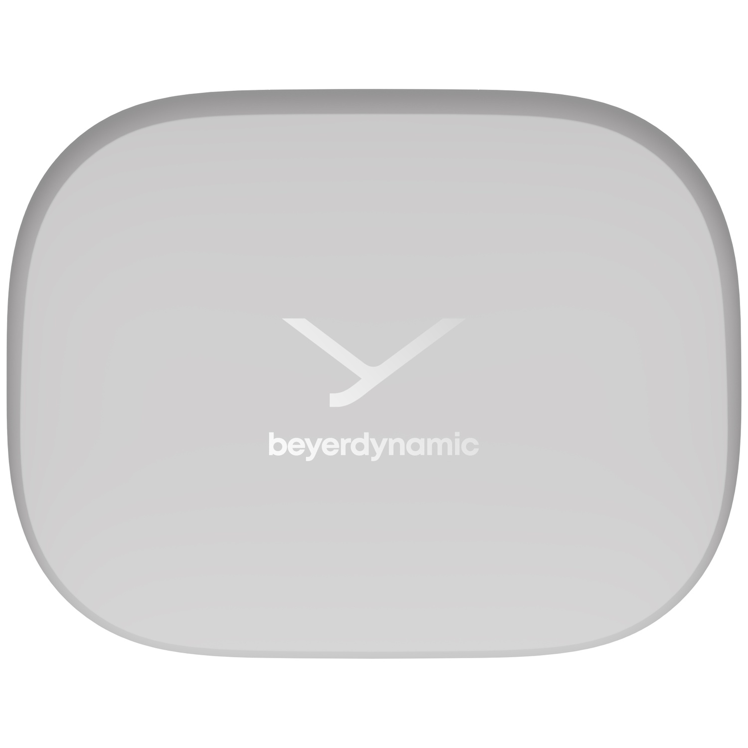 Une forme rectangulaire grise arrondie avec le logo et le texte blanc Beyerdynamic au centre.