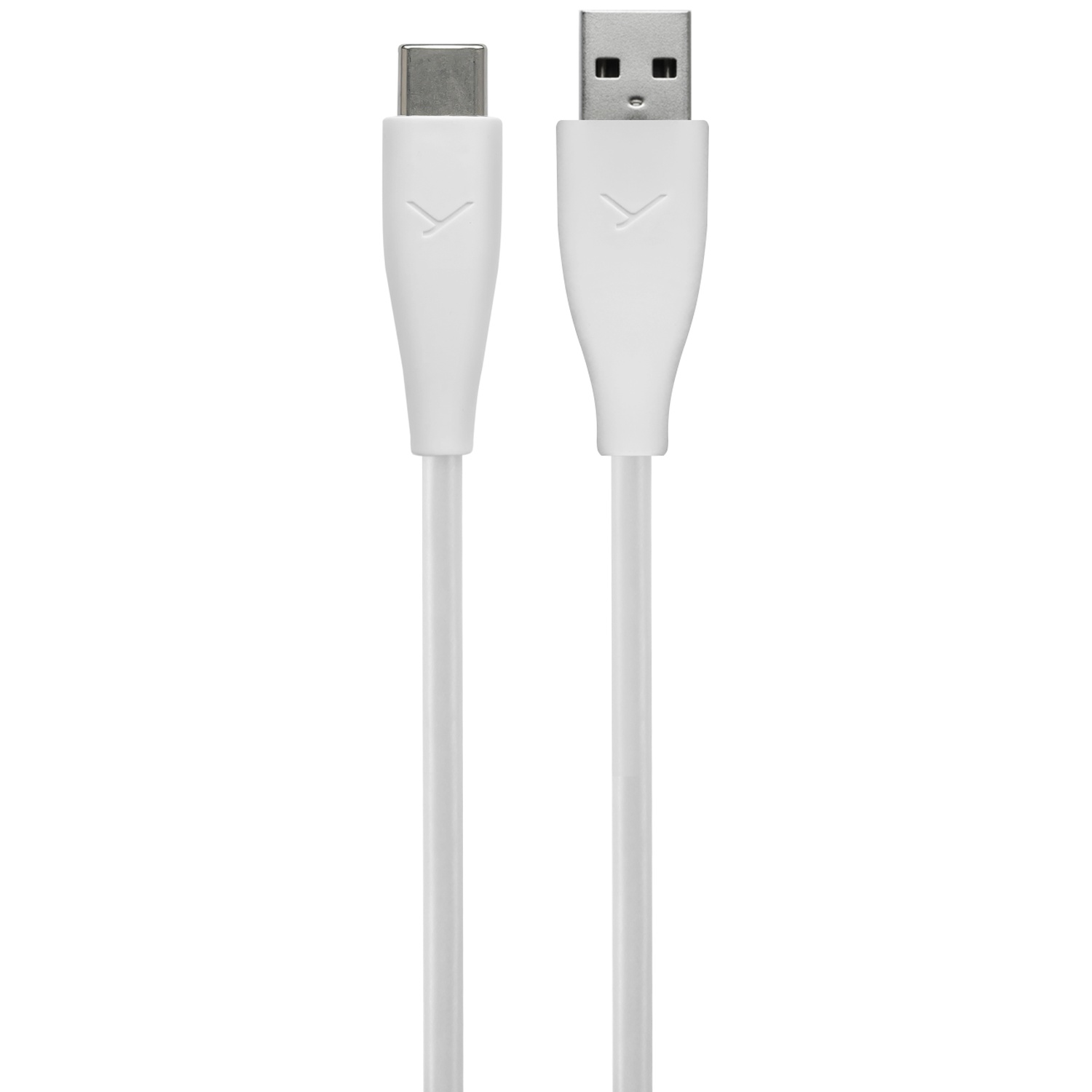 Deux câbles USB blancs sur fond blanc. L'un possède un connecteur USB-C, l'autre un connecteur USB-A standard.