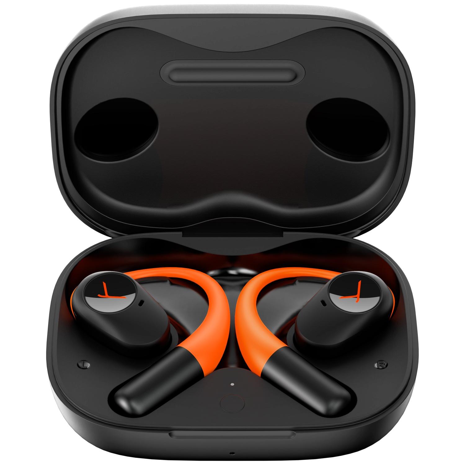 Étui d'écouteurs noir ouvert, révélant deux écouteurs avec des accents orange. Chaque écouteur a une pointe noire et un logo argenté.