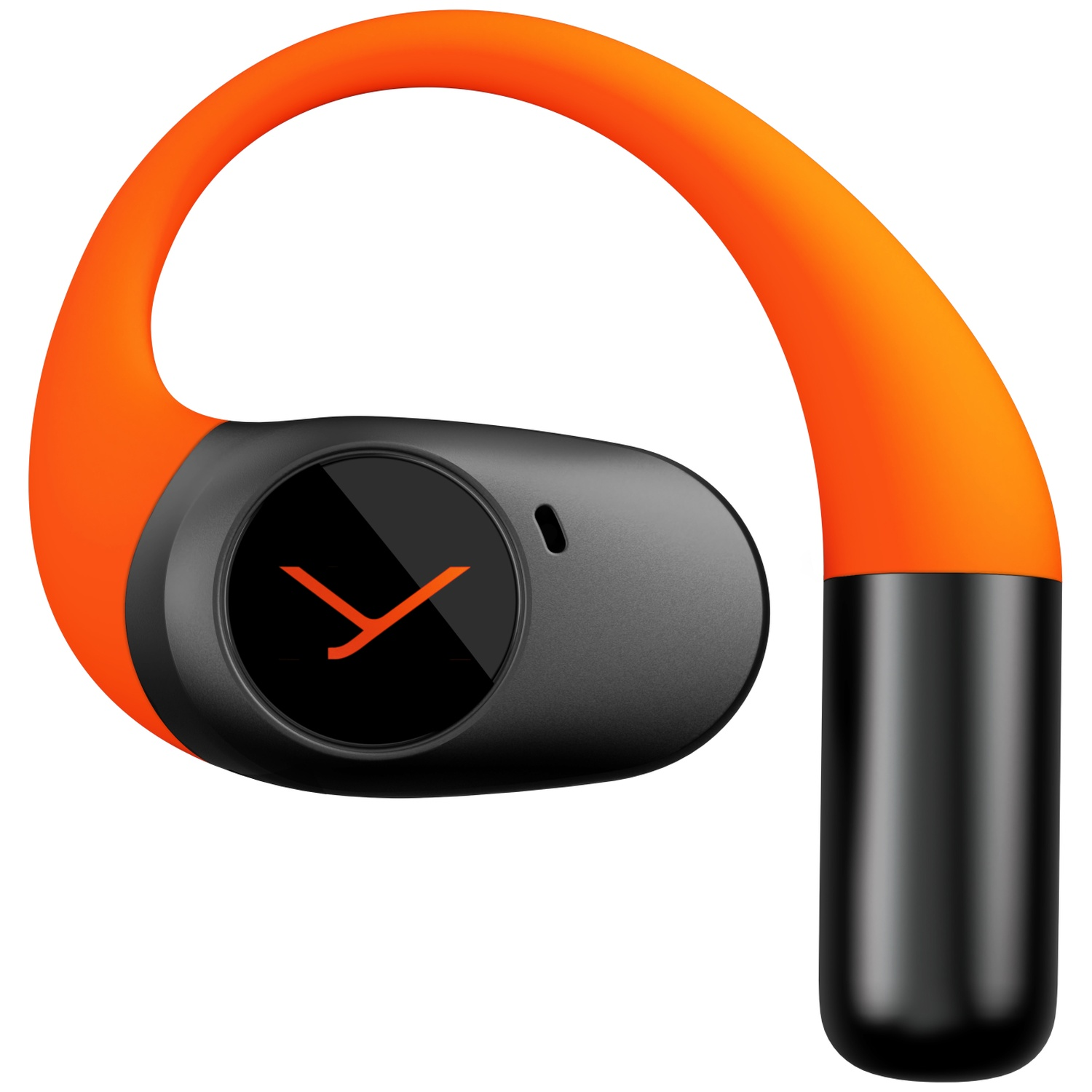 Un écouteur sans fil orange et noir. L'écouteur a un design incurvé, avec une bande orange et un haut-parleur noir.