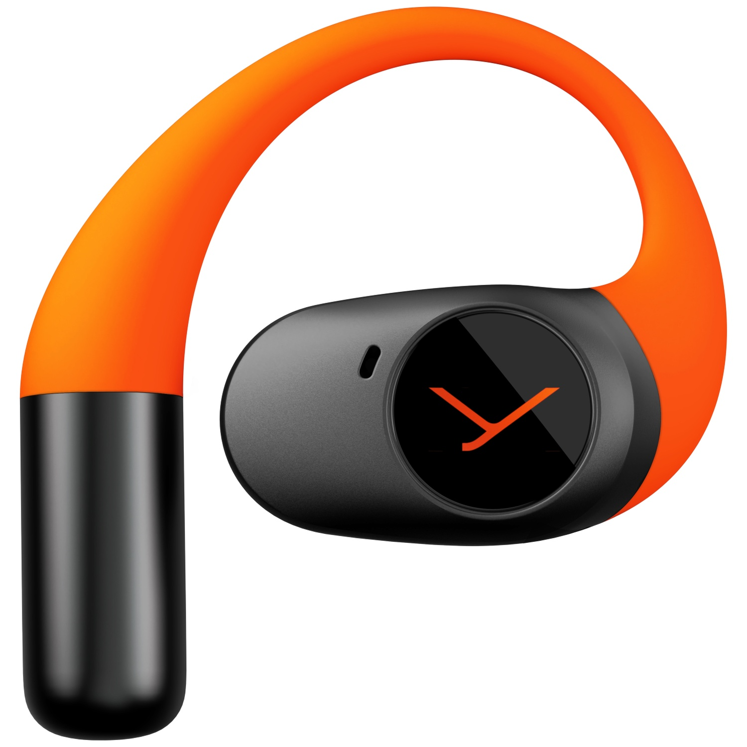 Un écouteur sans fil orange et noir. L'écouteur a un corps noir et un crochet auriculaire orange. Un logo est sur le corps noir.