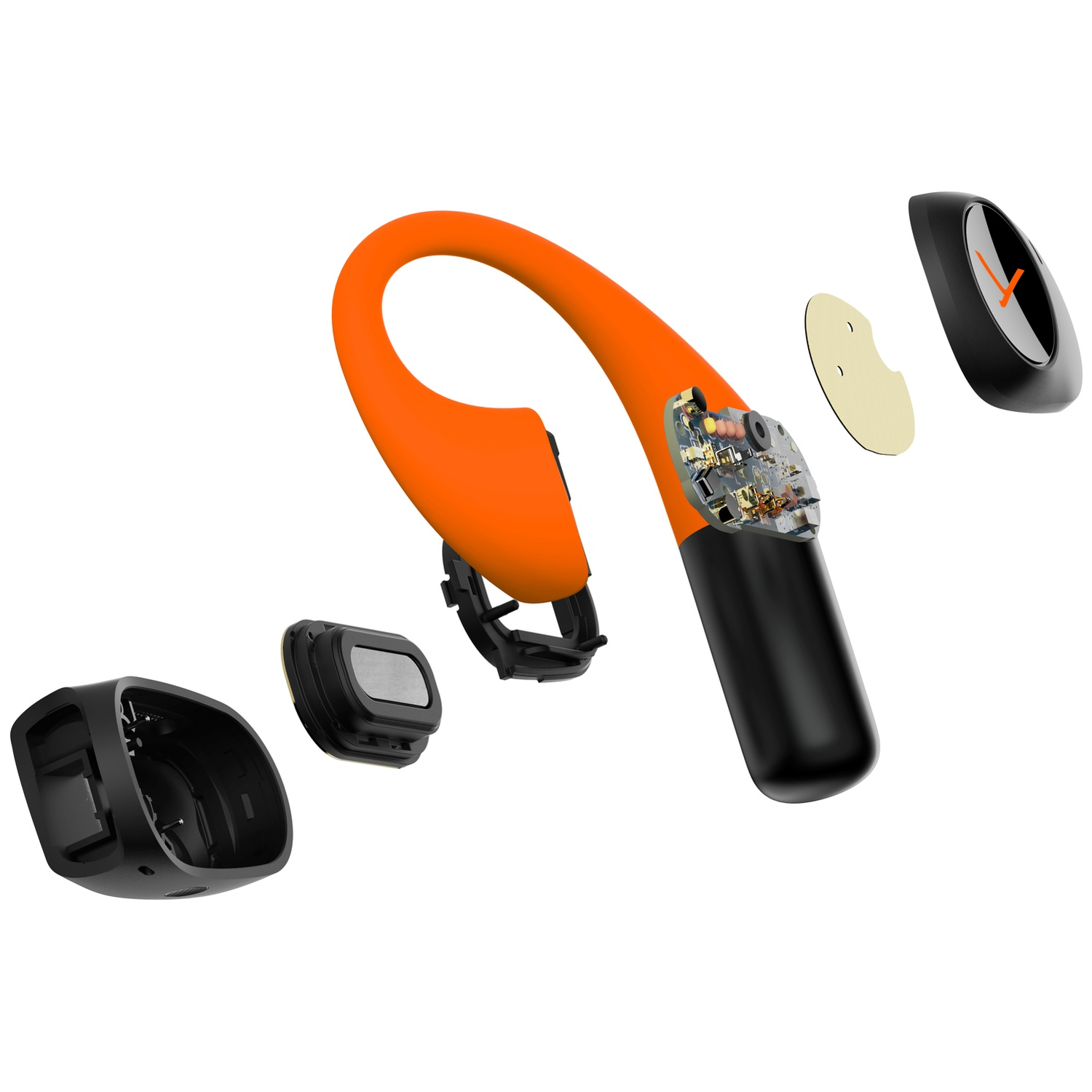Vue éclatée d'un écouteur orange et noir. Les composants comprennent le crochet d'oreille, le circuit imprimé et un élément semblable à une horloge.