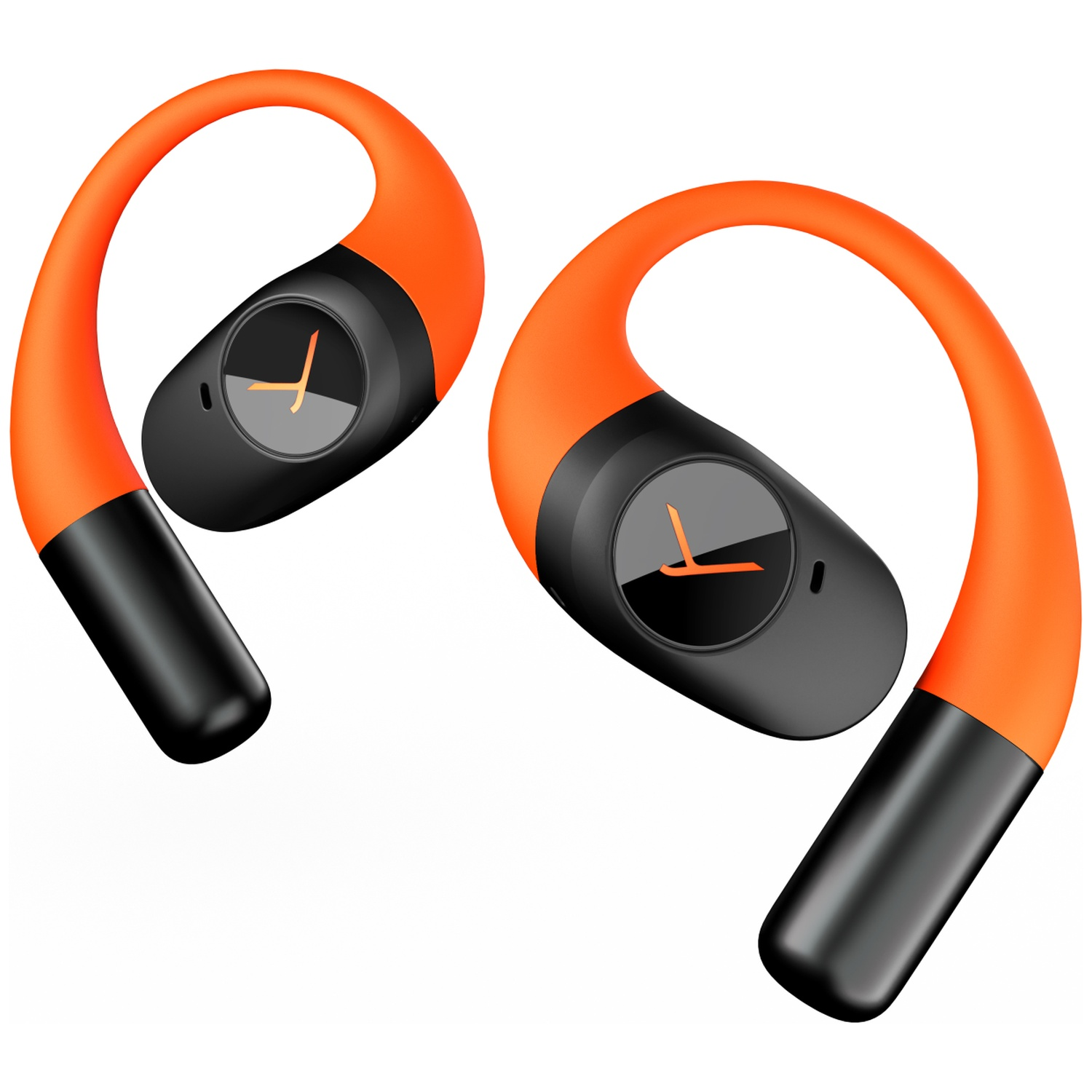 Deux écouteurs sans fil orange et noirs. Chacun a une boucle, un haut-parleur noir et une pointe noire. Un symbole d'horloge est sur chaque haut-parleur.