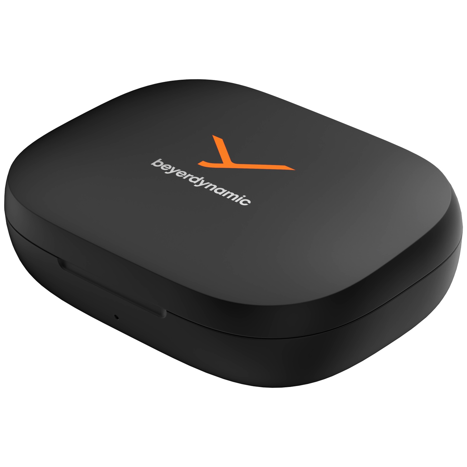 Étui de chargement noir pour écouteurs avec logo orange et texte 'beyerdynamic'. L'étui est fermé et sur fond blanc.