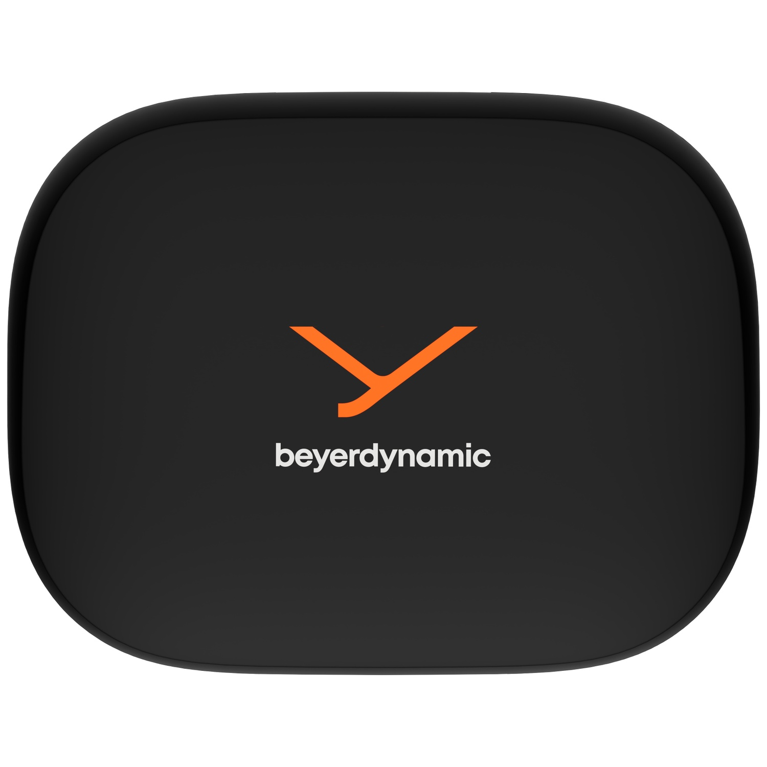 Carré noir arrondi avec logo Beyerdynamic orange et texte blanc. Le logo est composé de deux chevrons orange pointant vers le haut.