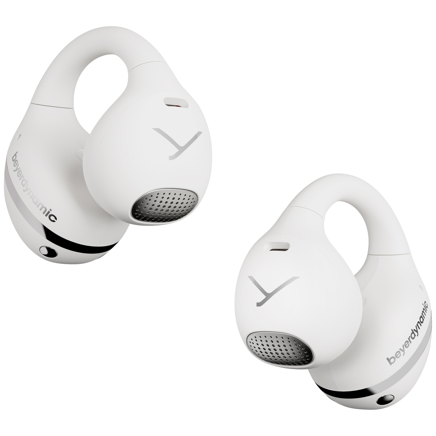 Deux écouteurs sans fil blancs Beyerdynamic. Chacun a un design incurvé sur l'oreille avec un logo argenté et un haut-parleur métallique.