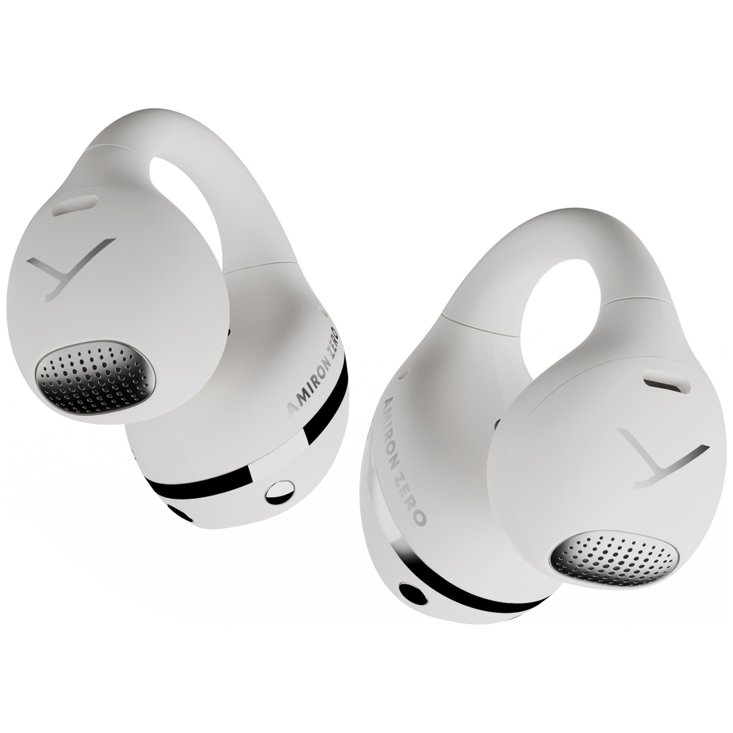 Deux écouteurs blancs Amiron Zero sur fond blanc. Chacun a un design incurvé et un haut-parleur perforé.
