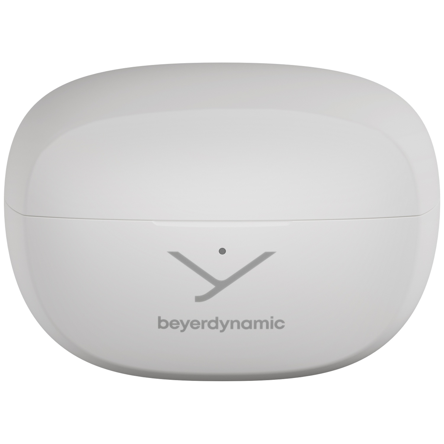 Un étui blanc de forme ovale avec le logo Beyerdynamic. L'étui est fermé, avec un petit point et le nom de la marque visible.