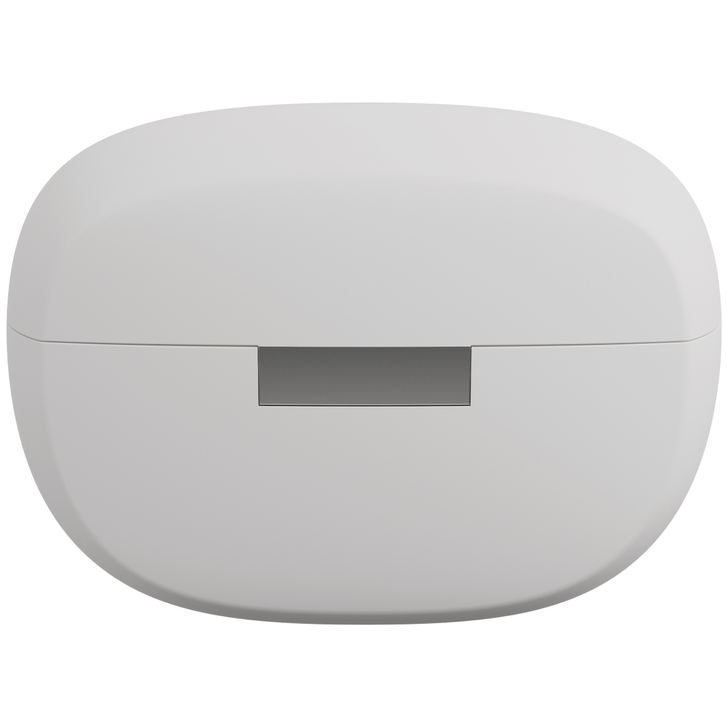 Un étui blanc, ovale, avec un rectangle gris sur le devant. L'étui semble fermé et isolé sur fond blanc.