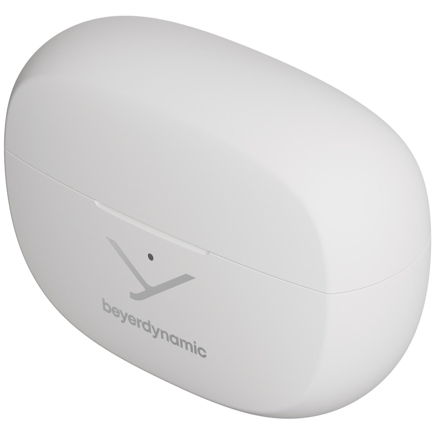 Un étui de chargement blanc et ovale pour écouteurs. Il porte le logo et le texte Beyerdynamic à l'avant. L'étui est fermé.