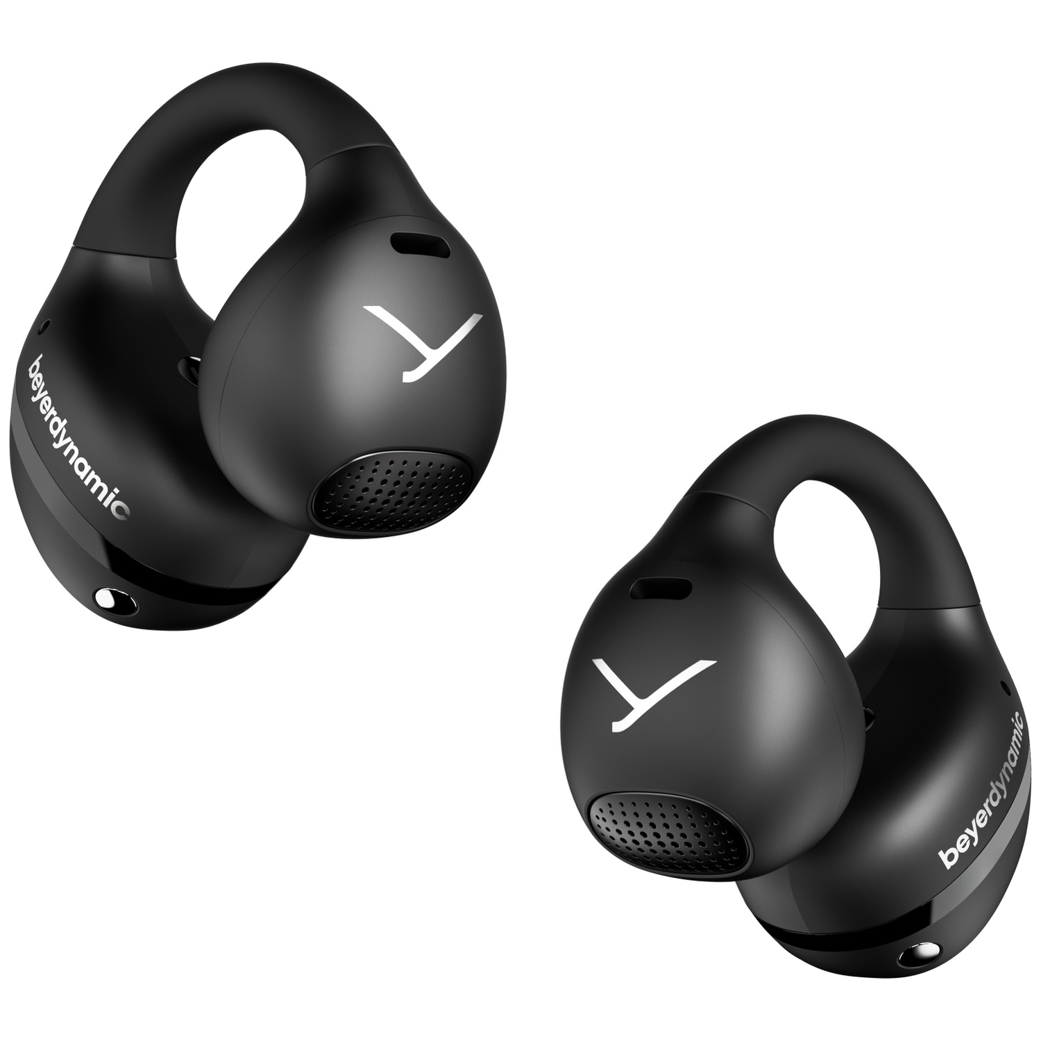 Deux écouteurs sans fil noirs Beyerdynamic. Chaque écouteur a un design incurvé avec le logo de la marque et une grille de haut-parleur.