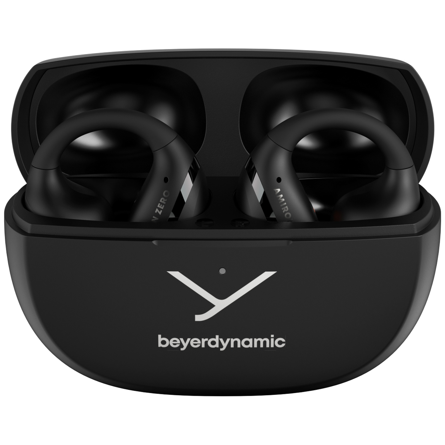 Écouteurs sans fil noirs avec étui de chargement. L'étui porte le logo Beyerdynamic. Écouteurs dans l'étui ouvert.