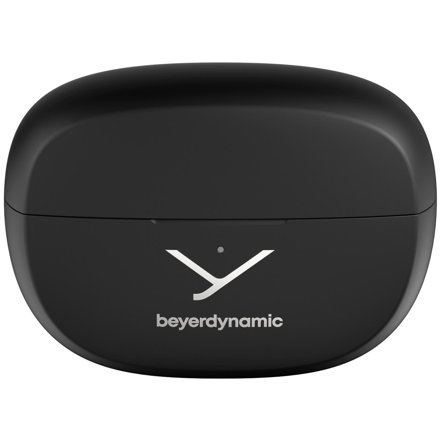 Un étui noir pour écouteurs beyerdynamic. Il est de forme ovale, avec un logo et le nom de la marque sur le devant.