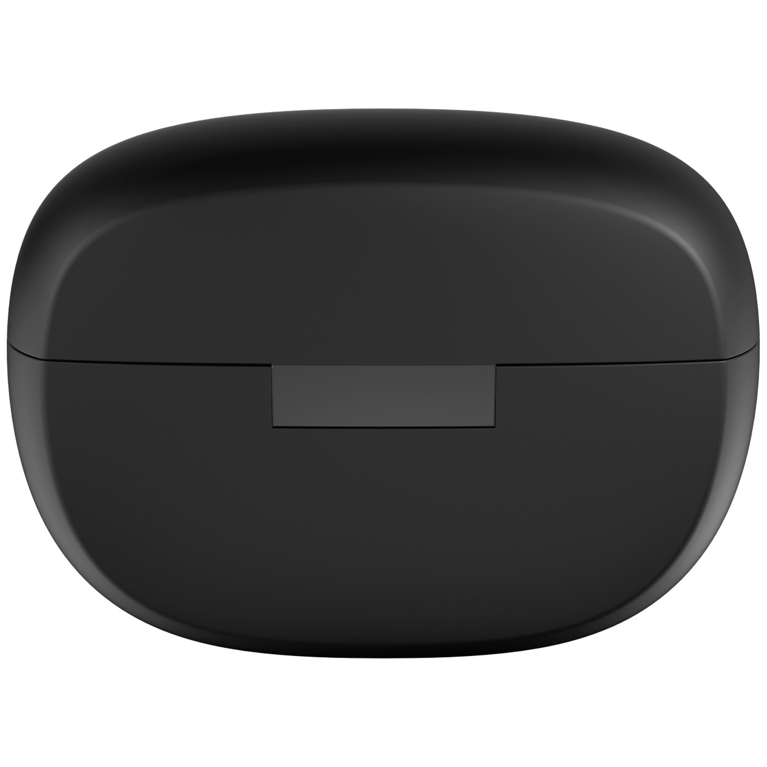 Gros plan sur un étui d'écouteurs noir de forme ovale, fermé. Il possède un petit bouton rectangulaire.