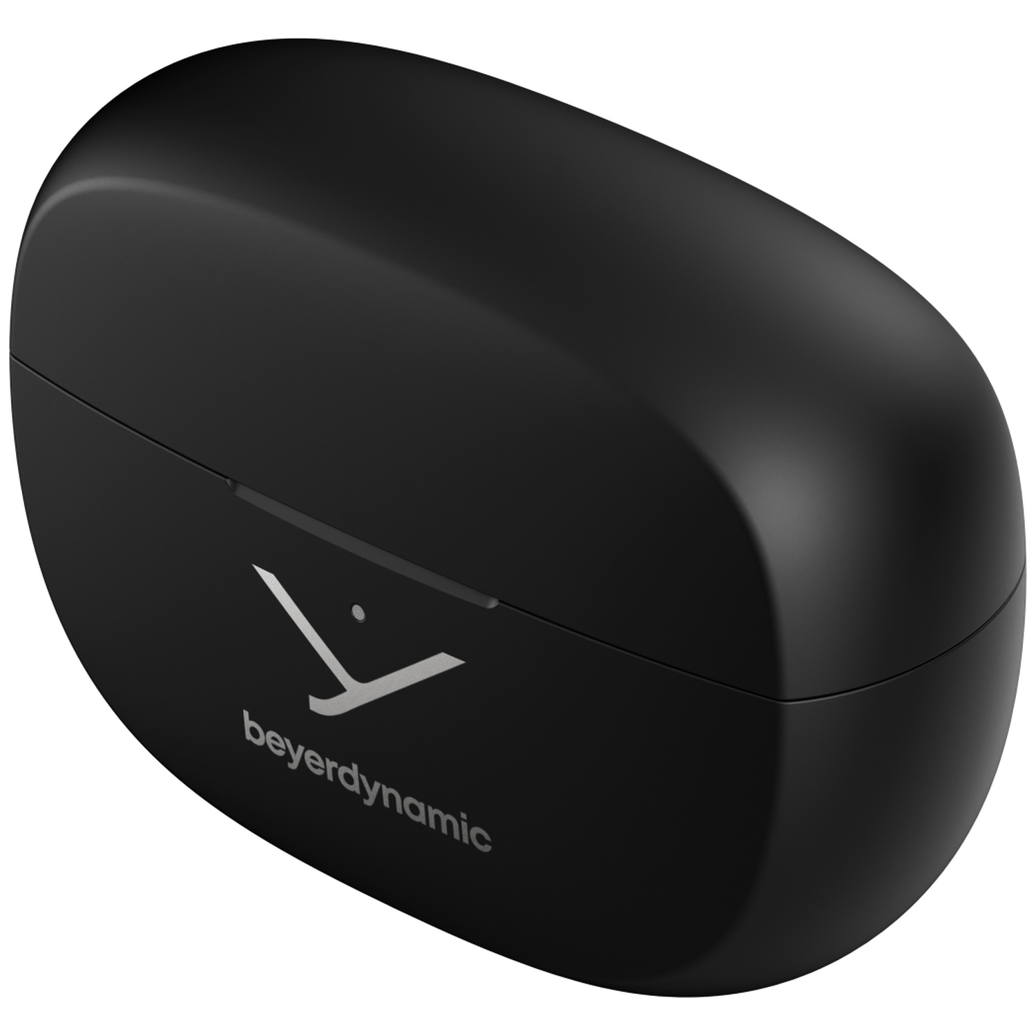 Un étui noir, ovale pour écouteurs avec le logo Beyerdynamic. L'étui est fermé et posé sur un fond blanc.
