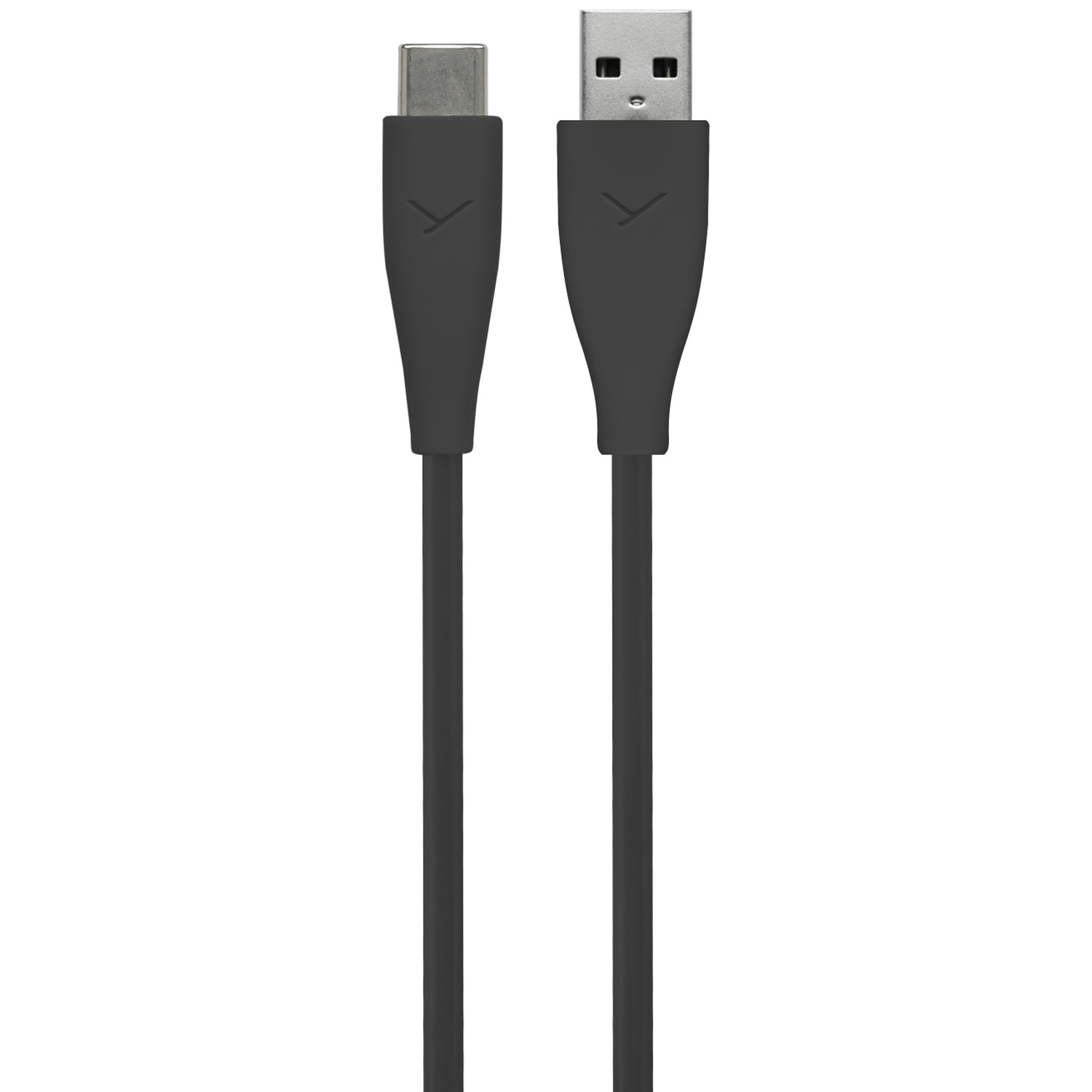Deux câbles USB noirs avec connecteurs argentés sur fond blanc. L'un est USB-C, l'autre USB-A.