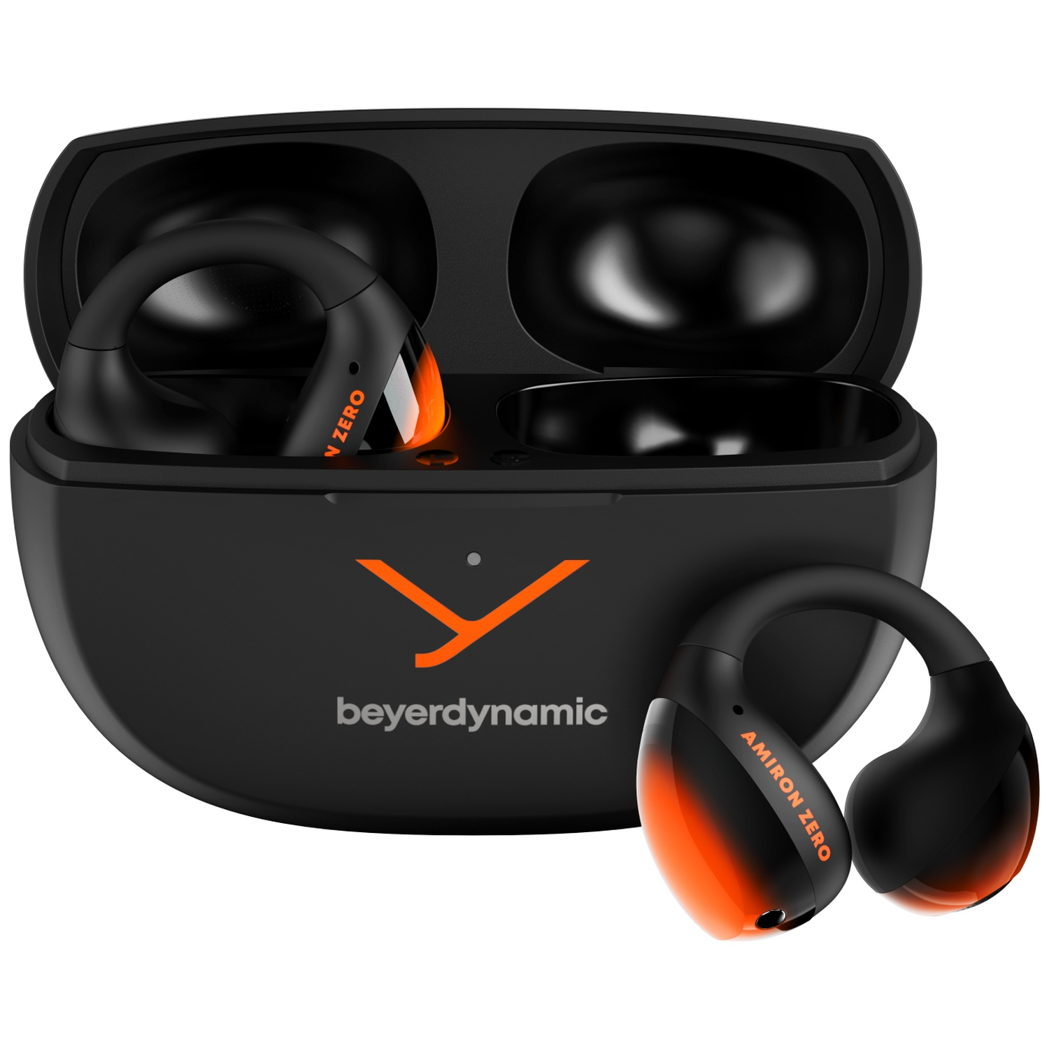 Écouteurs et étui de chargement noirs Beyerdynamic Amiron Zero. Les écouteurs ont des accents orange. L'étui est noir avec logo et texte orange.