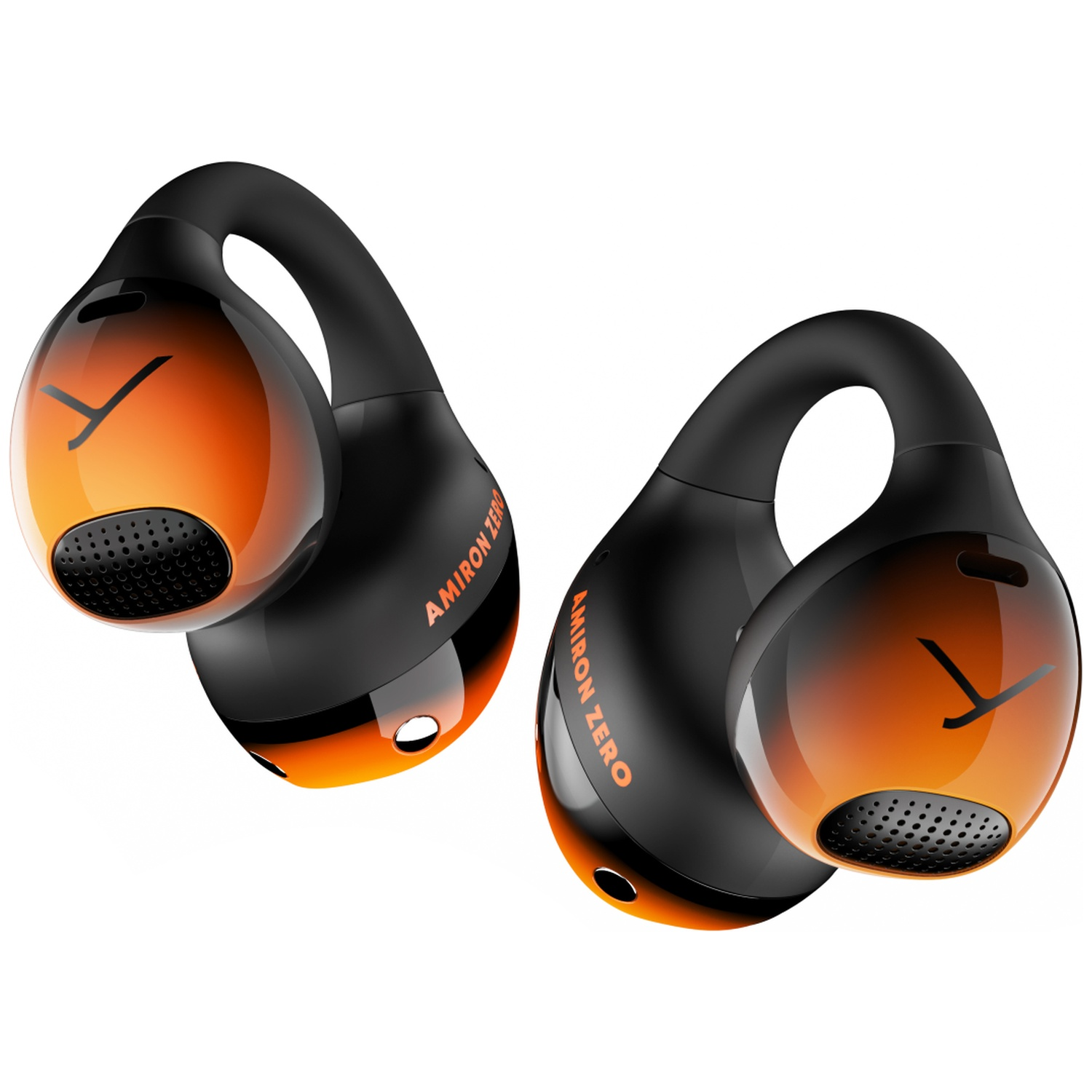 Deux écouteurs noirs et orange avec le texte 'AMIRON ZERO'. Ils ont un design incurvé et un logo sur le devant. Fond blanc.