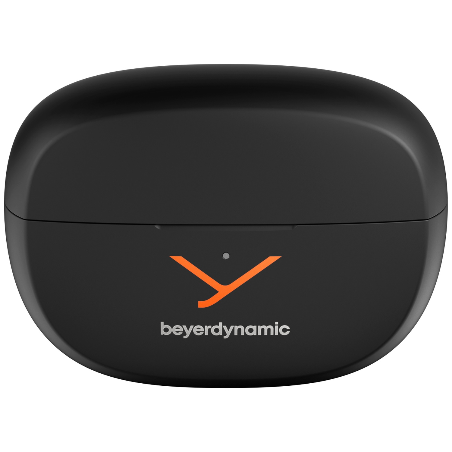 Étui d'écouteurs noir avec logo orange et texte 'beyerdynamic'. L'étui est de forme ovale. Fond blanc.