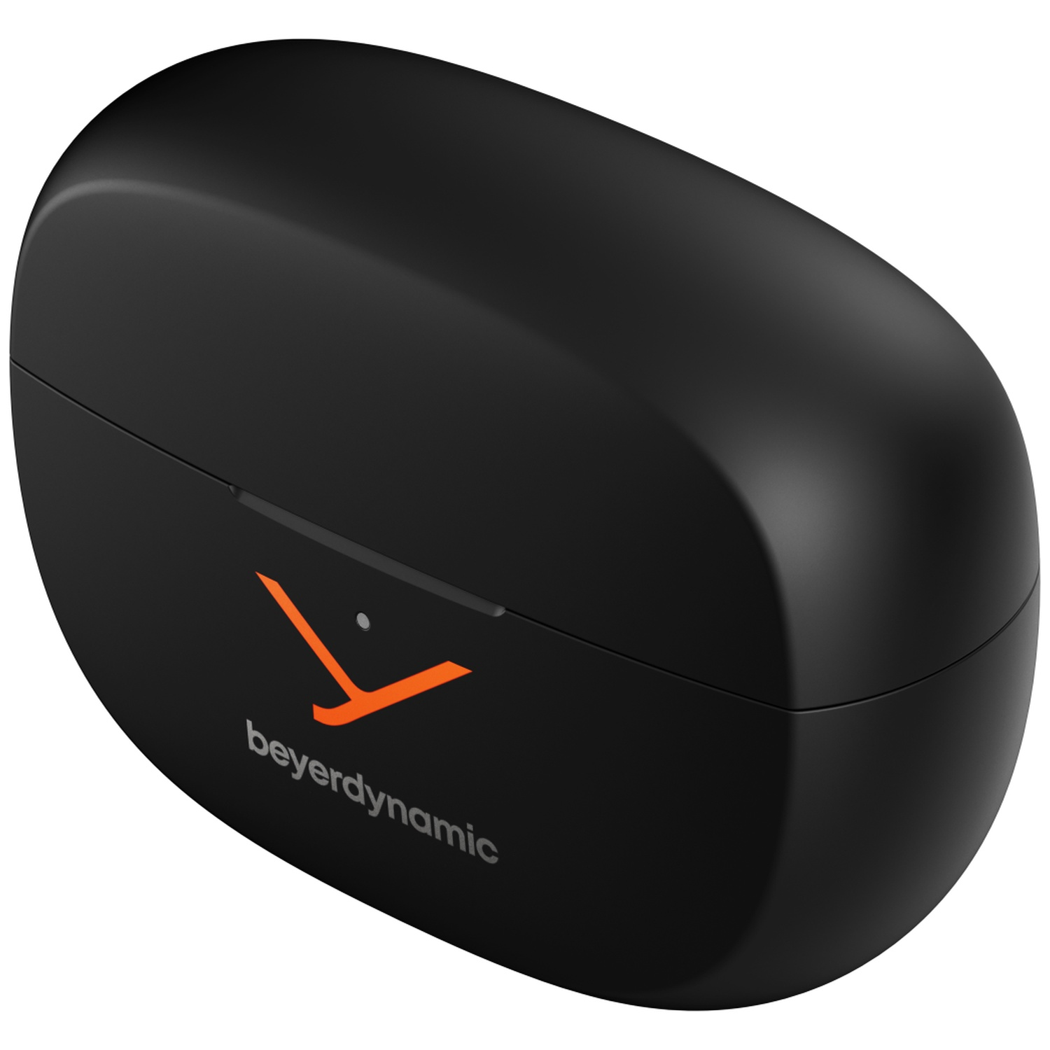 Un étui noir de forme ovale pour écouteurs avec un logo orange et le mot 'beyerdynamic'. L'étui est fermé.