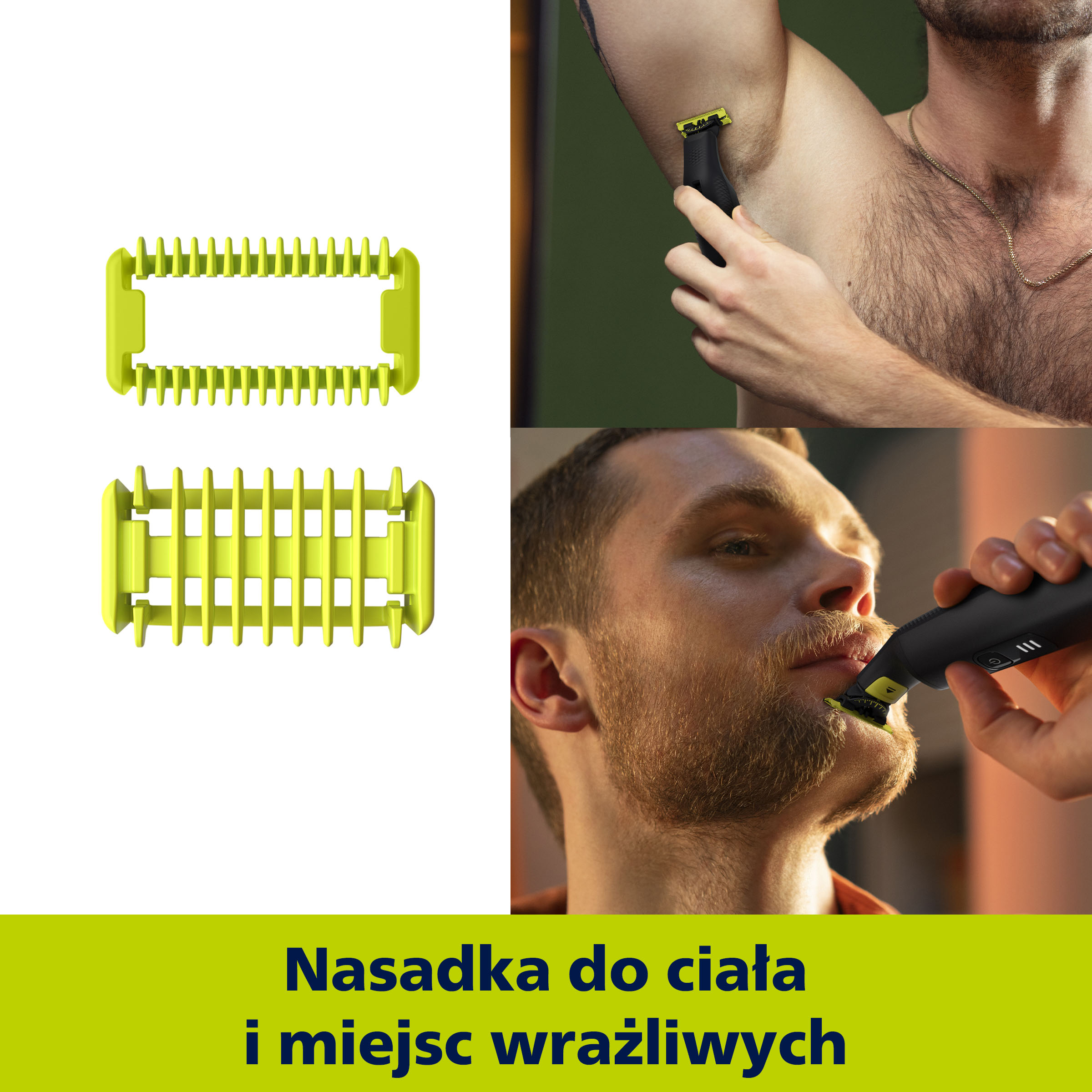 Obraz przedstawia trymer z nasadkami, mężczyznę golącego pachy i mężczyznę przycinającego brodę. Tekst: 'Do miejsc wrażliwych'.