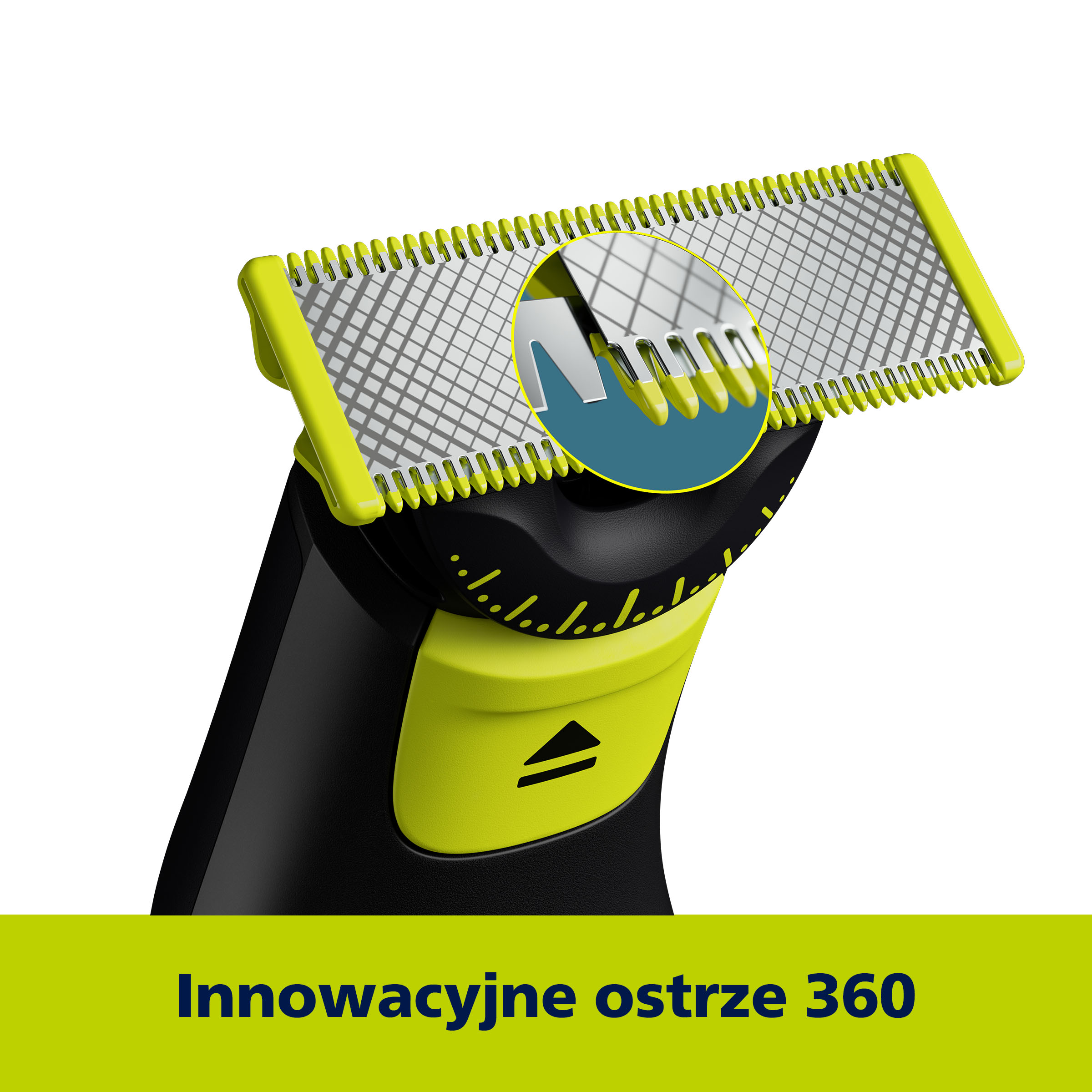 Zbliżenie czarno-żółtej golarki elektrycznej. Wkładka pokazuje szczegóły ostrza. Tekst na dole: Innowacyjne ostrza 360.