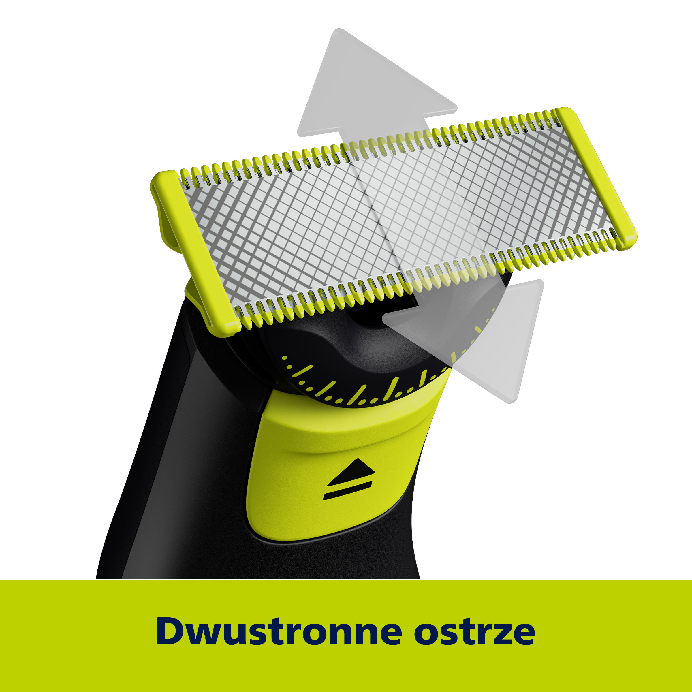 Zbliżenie czarno-żółtej golarki z dwustronnym ostrzem. Przezroczyste strzałki wskazują ruch ostrza.