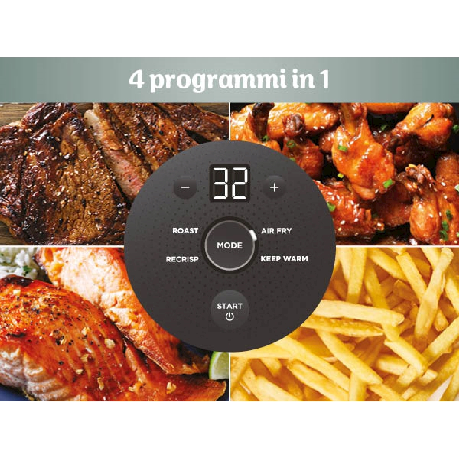 L'immagine mostra una friggitrice ad aria con quattro opzioni alimentari: bistecca, ali di pollo, salmone e patatine fritte. Il pannello di controllo mostra le impostazioni.