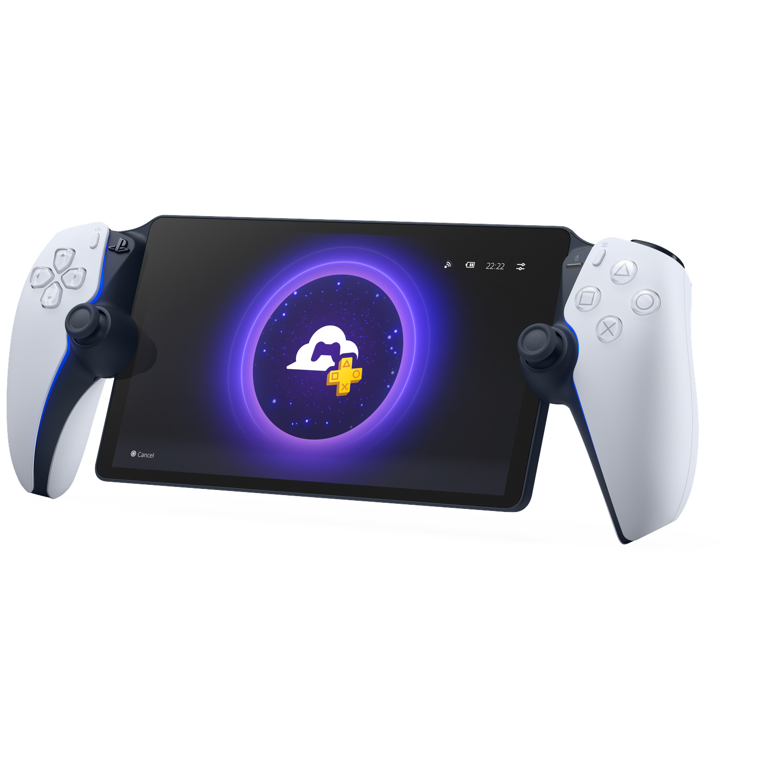 Een witte handheld gameconsole met een scherm met een wolkpictogram. De console heeft aan beide zijden controllers.