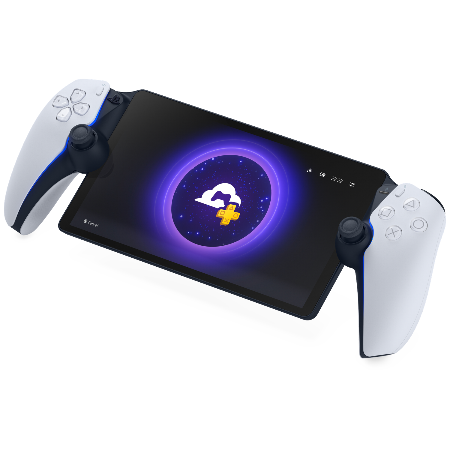 Een PlayStation Portal met aangesloten controllers, met een wolkpictogram op het scherm. Het apparaat is wit en zwart.