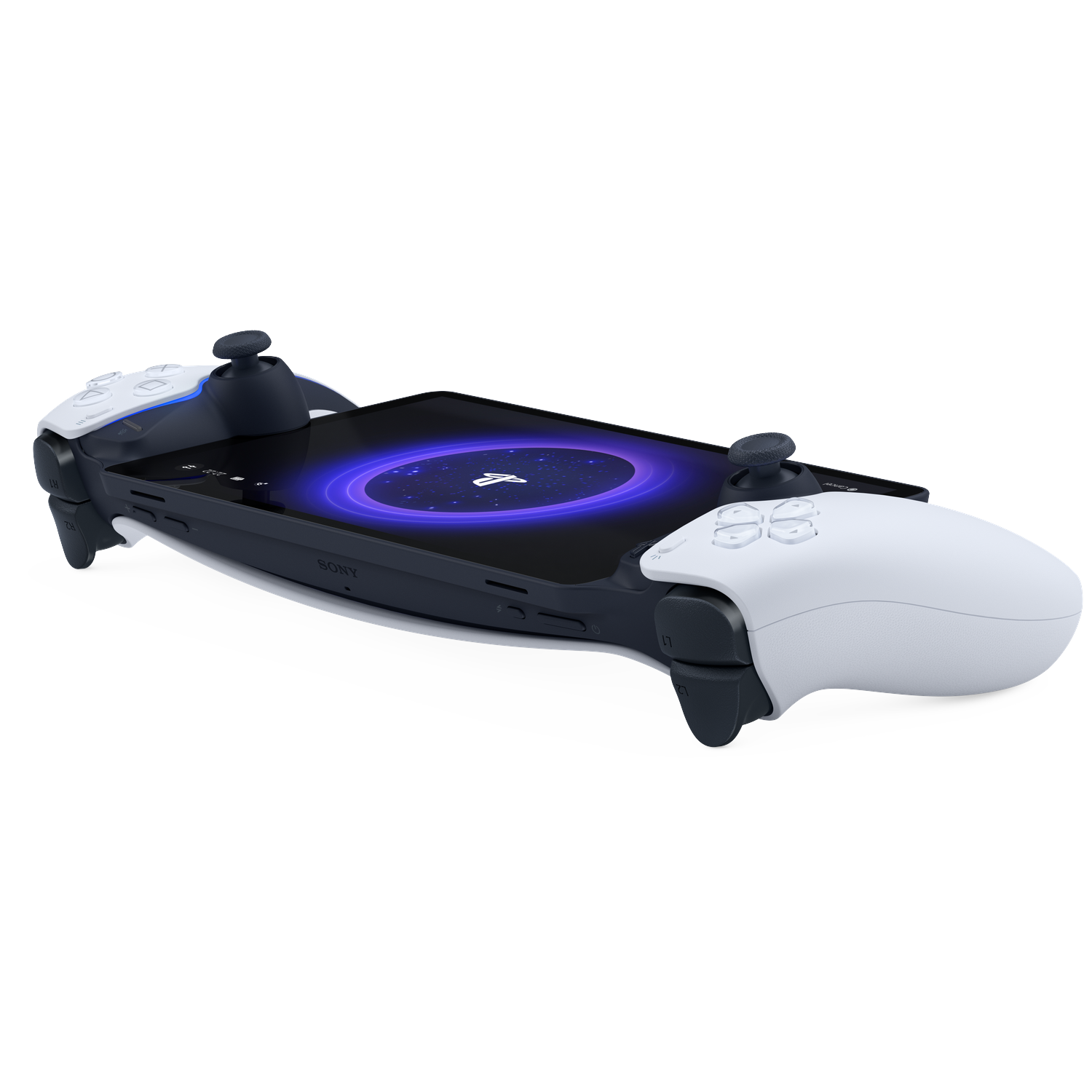 Een wit-zwarte gamecontroller met een scherm in het midden, met een blauwe en paarse afbeelding.