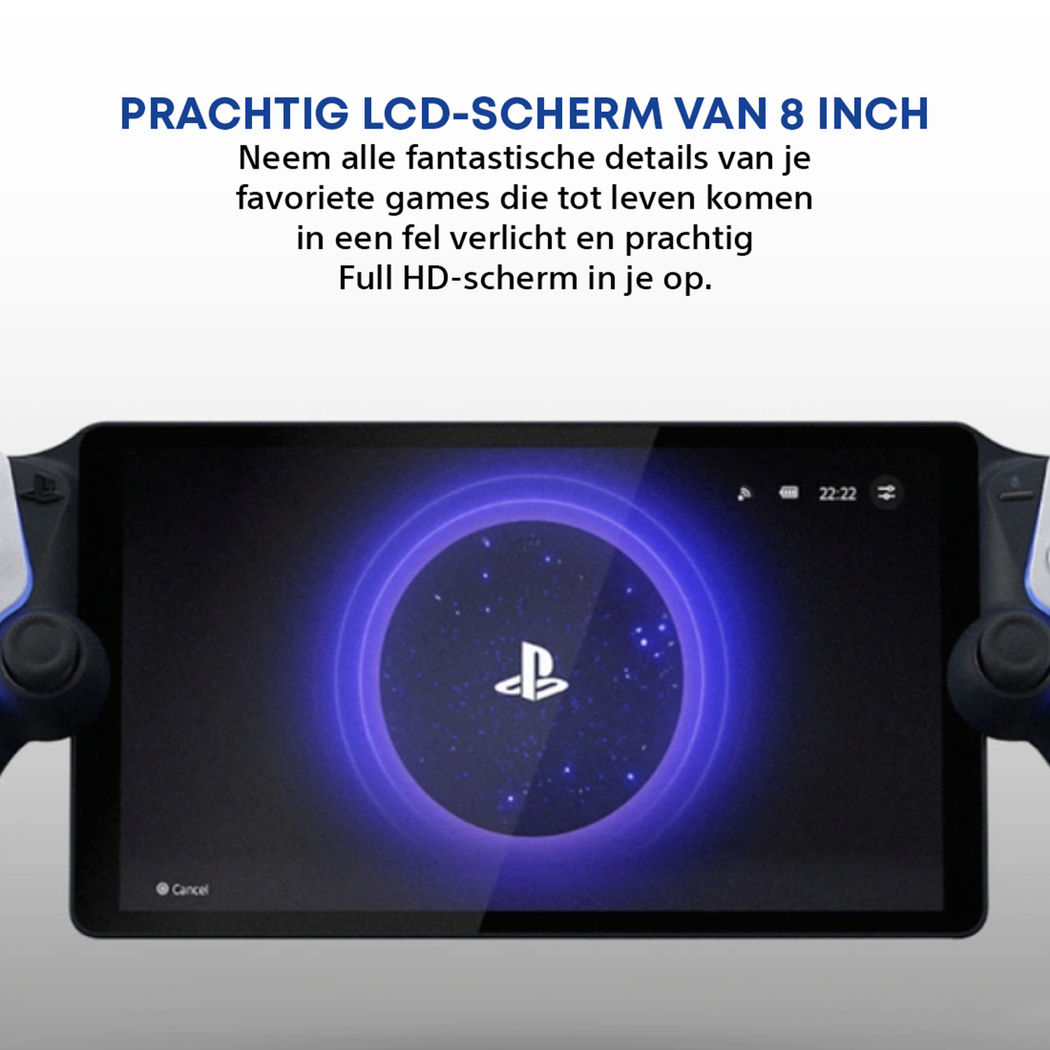 Een tablet met een PlayStation-logo op het scherm, omringd door controllers. Tekst bovenaan zegt '8 inch LCD-scherm'.