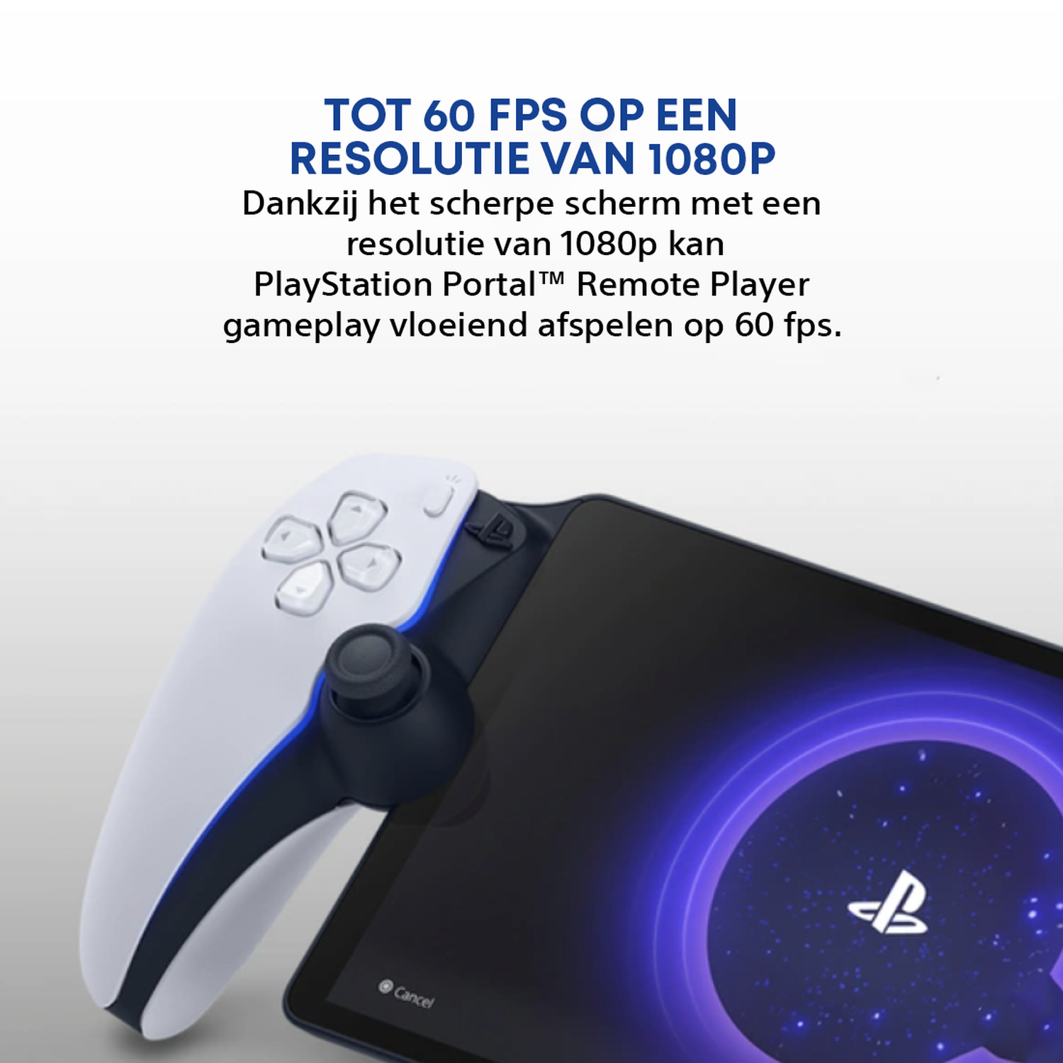 Een PlayStation Portal Remote Player handheld-apparaat. Witte en zwarte controller, zwart scherm met blauw logo, tekst bovenaan.