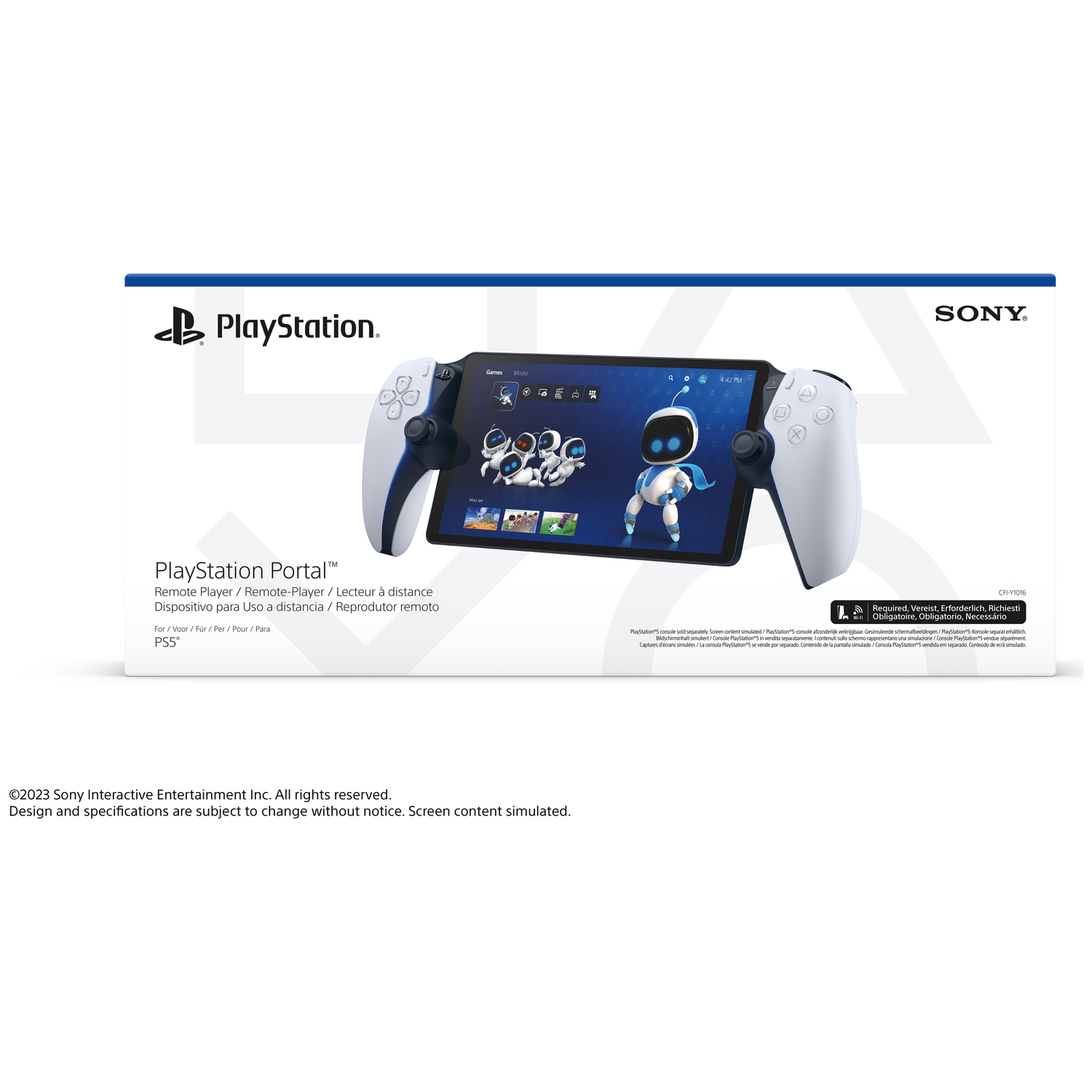 PlayStation Portal-apparaat, wit met zwarte accenten, toont een gamescherm en het PlayStation-logo.