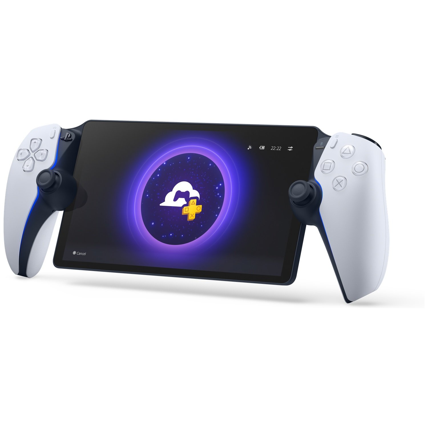 A white and black handheld gaming device. The screen displays a cloud icon. The controllers are on both sides.