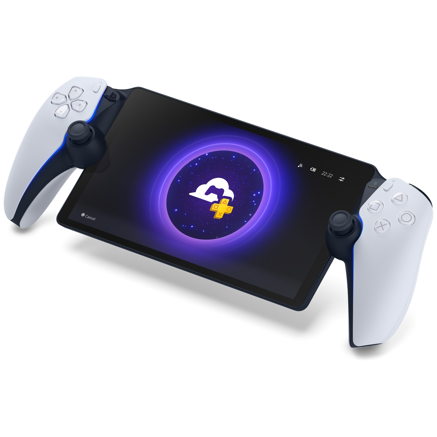 A white and black handheld gaming device with a screen displaying a cloud icon. White controllers on both sides.