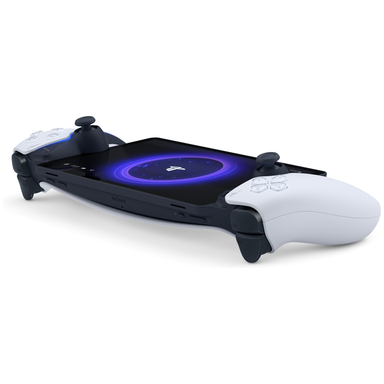 A white and black game controller holds a phone displaying a purple and white logo on a white background.