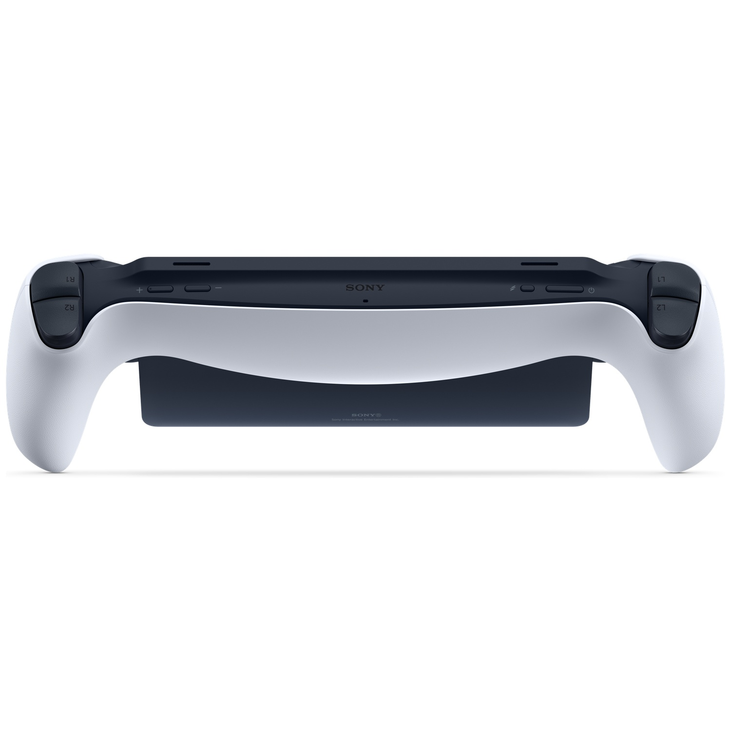 A white and black Sony DualSense controller, viewed from the back. Buttons, triggers, and the Sony logo are visible.