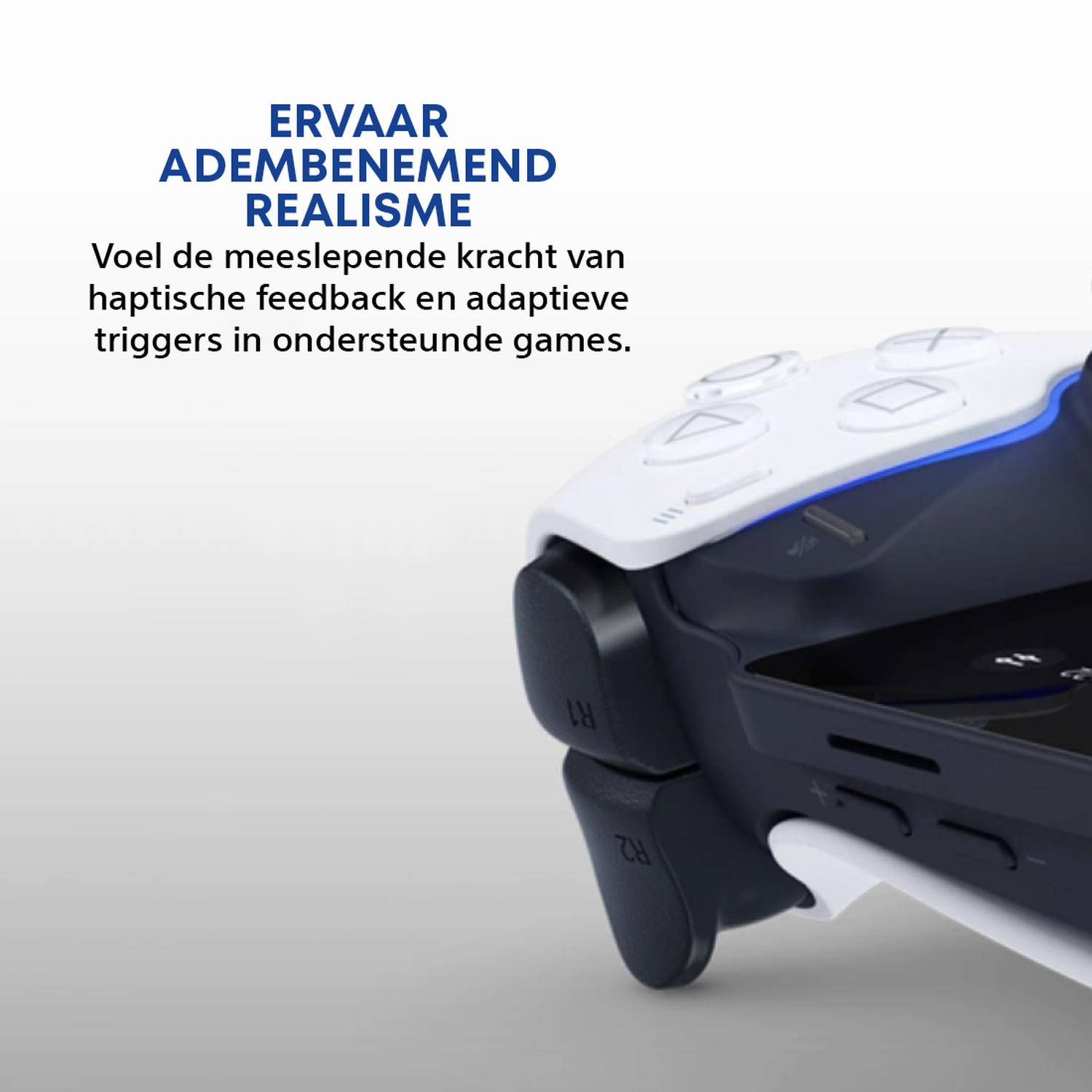 A white and black game controller is shown, with text in the background that says 'Experience breathtaking realism.'