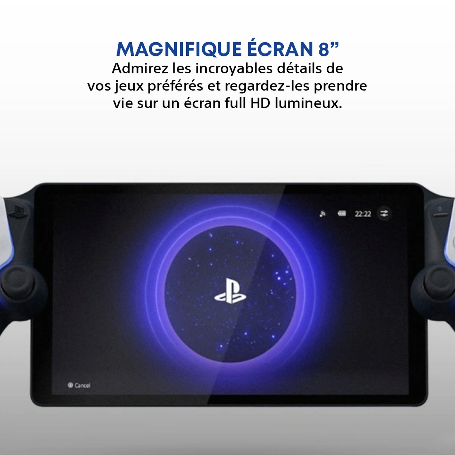 Une tablette avec le logo PlayStation à l'écran, entourée de lumière bleue. Manettes des deux côtés.