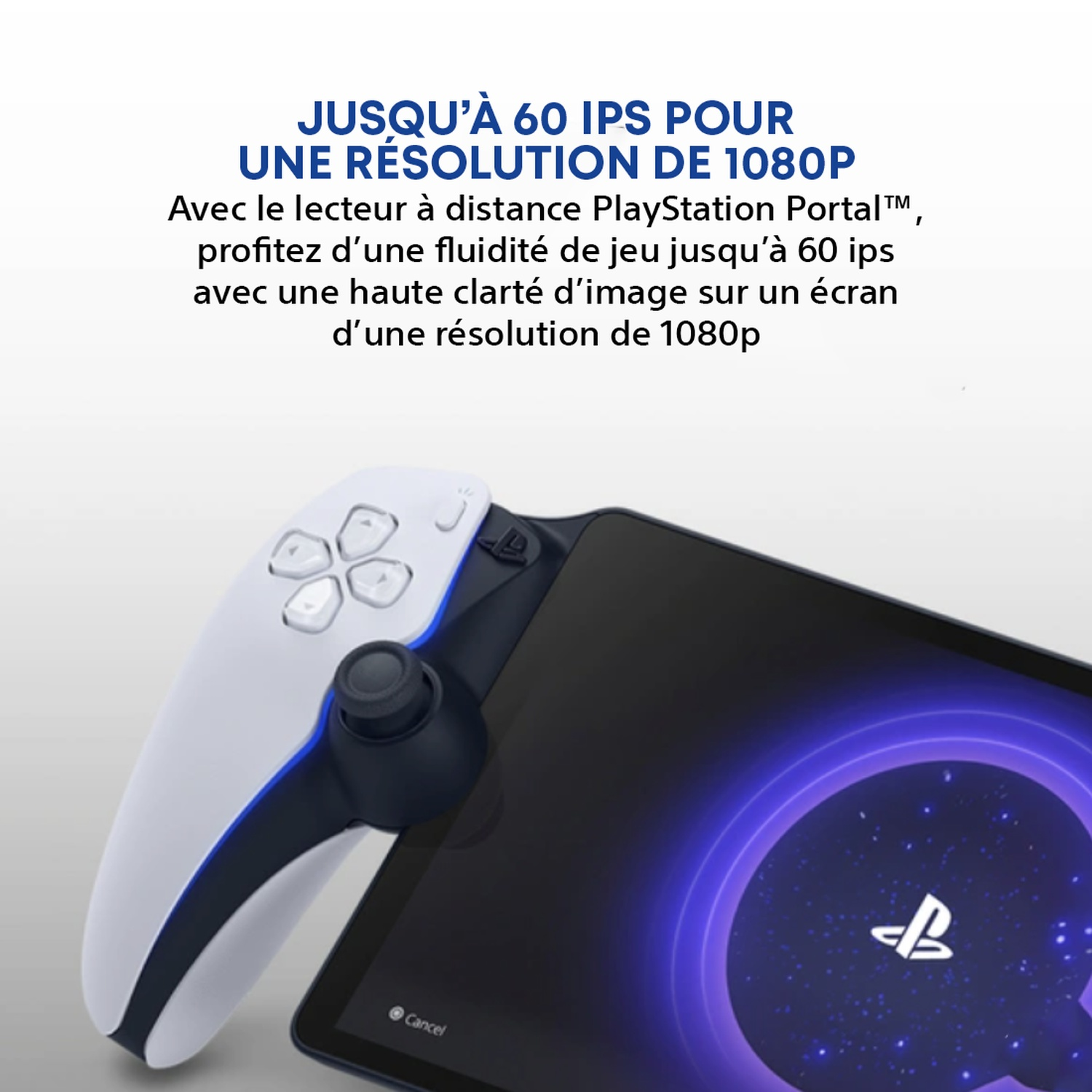 Une manette PlayStation avec écran, le texte indique : 'Jusqu'à 60 FPS pour une résolution de 1080P'.