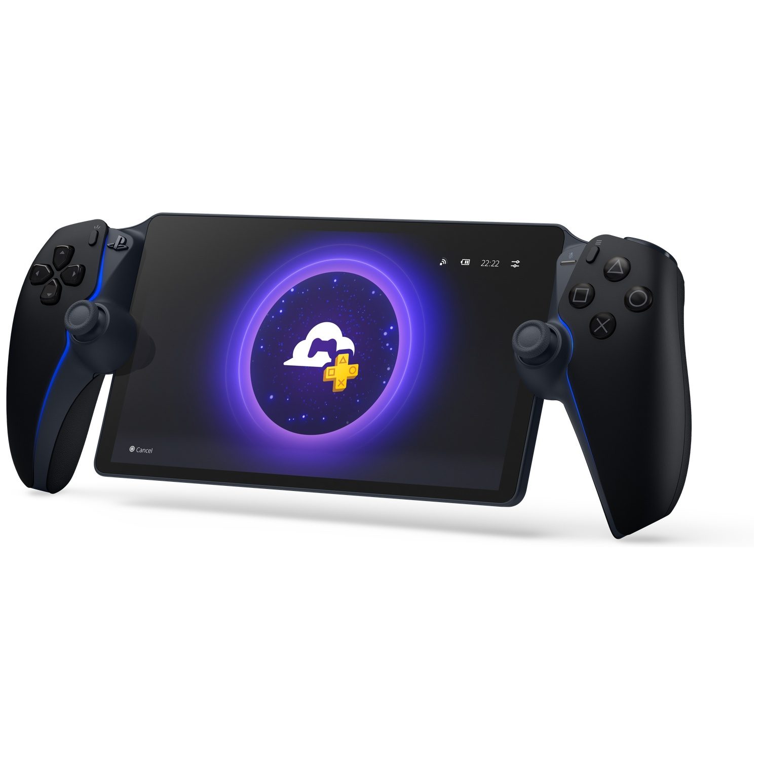 A black handheld console with a screen displaying a purple cloud icon. It has controllers on both sides, all against a white background.