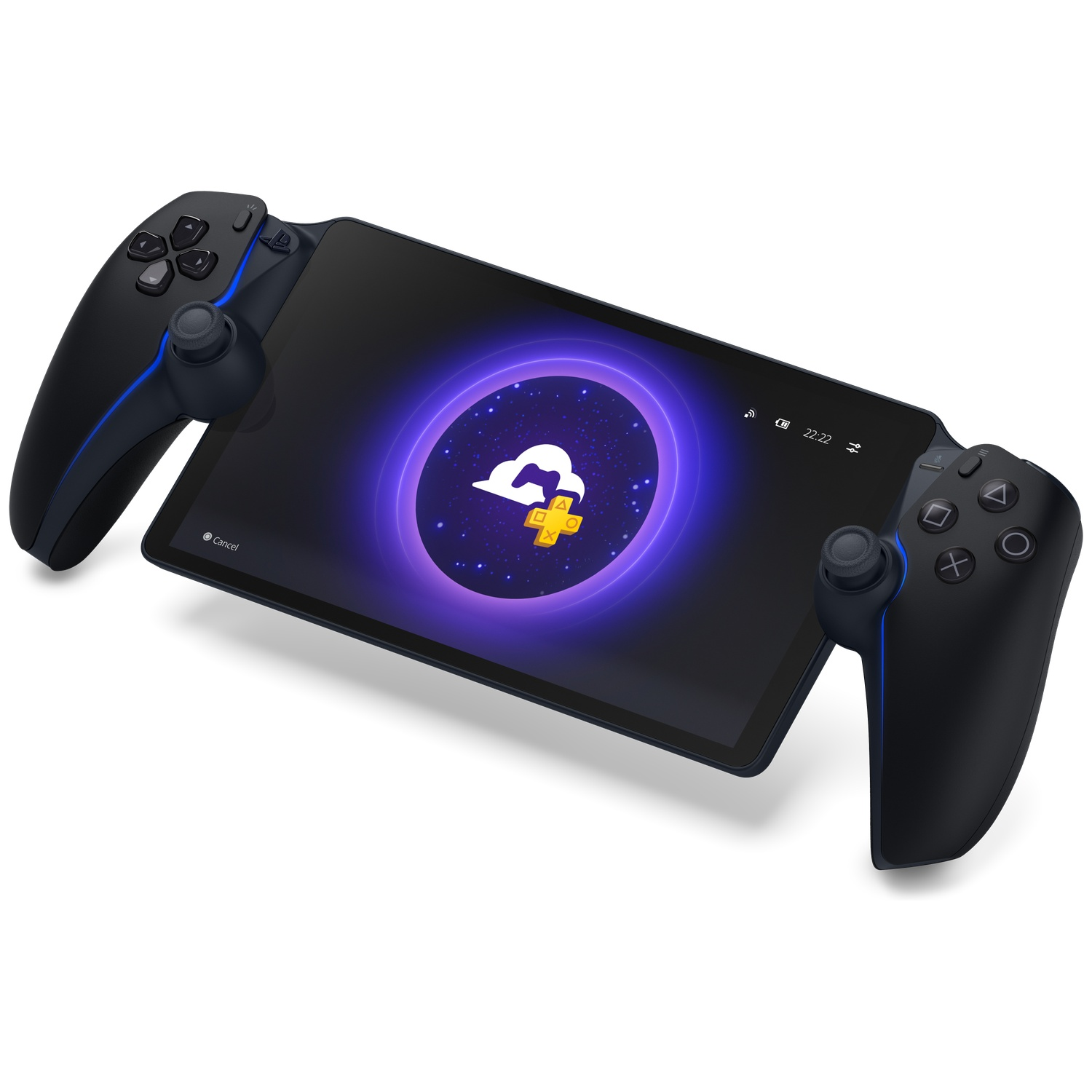 A black handheld console with attached controllers. The screen displays a cloud with a plus sign inside a purple circle.