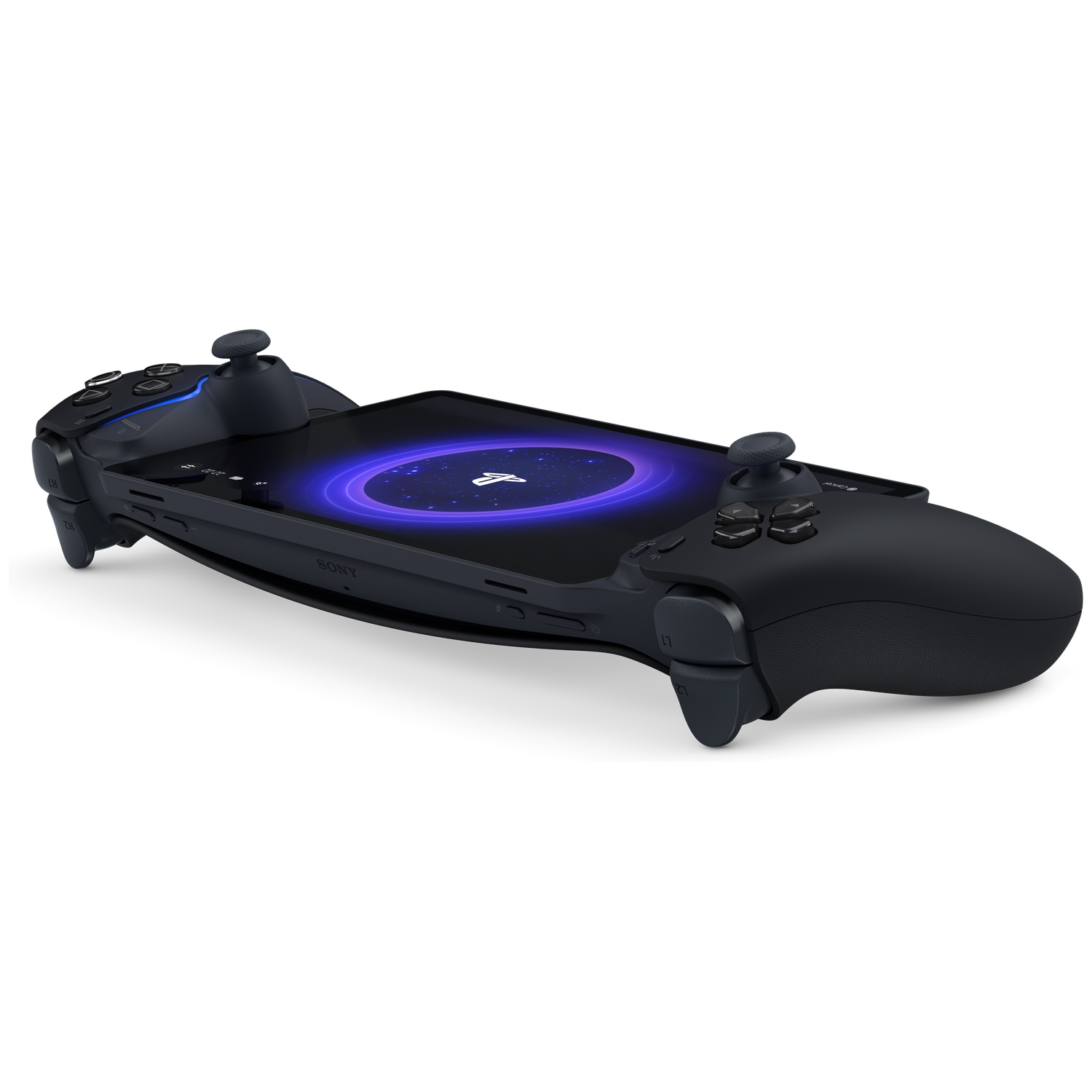 A black PlayStation Portal. A screen is in the middle with a glowing blue PlayStation logo. Two controllers are on the sides.
