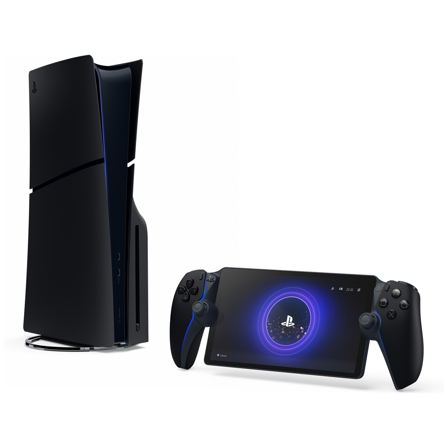 Black PS5 console and a handheld gaming device. The console is on the left, and the device shows a PlayStation logo.