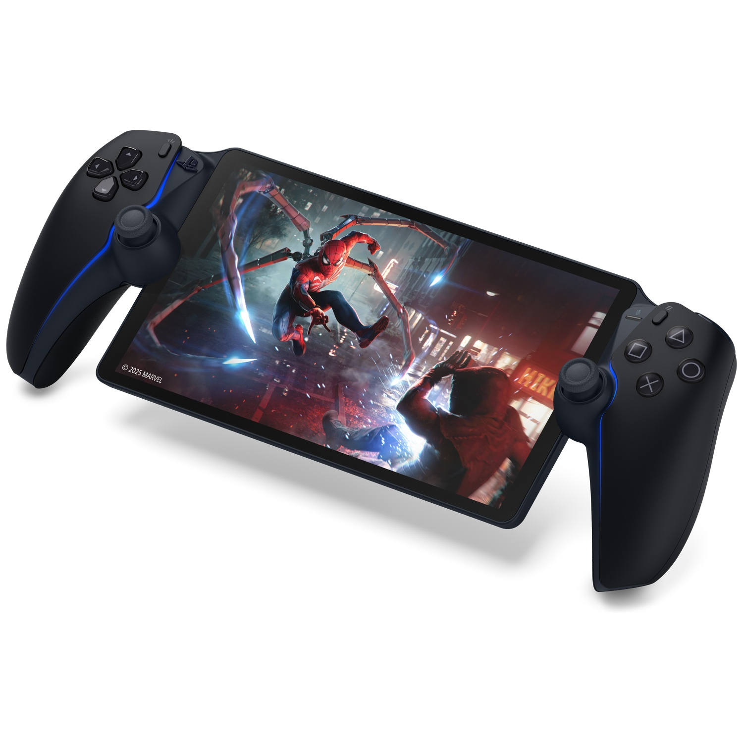 A handheld gaming device featuring a screen displaying a Spider-Man game, flanked by black controllers on a white background.