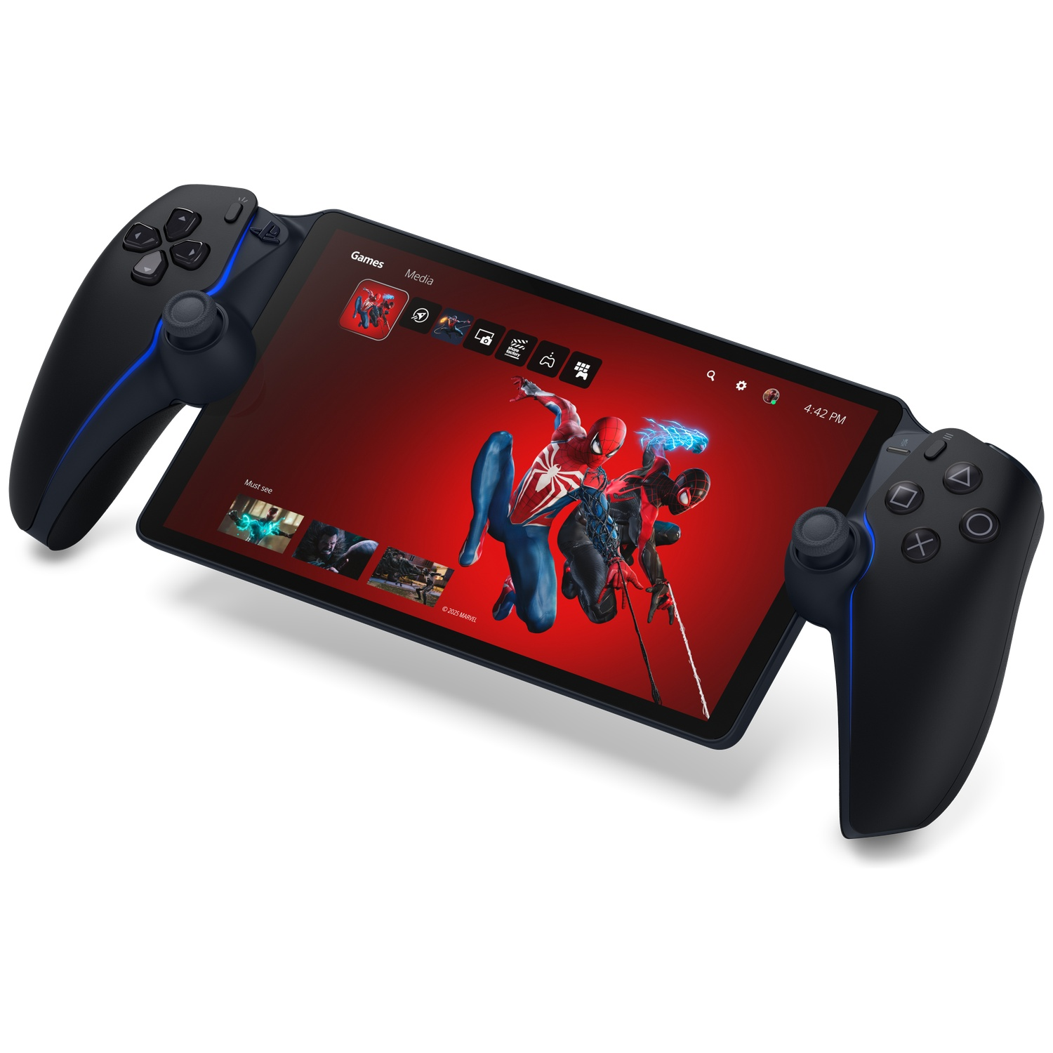 A tablet with controller attachments, displaying a Spider-Man game. The background is red. The controllers are black with blue lights.