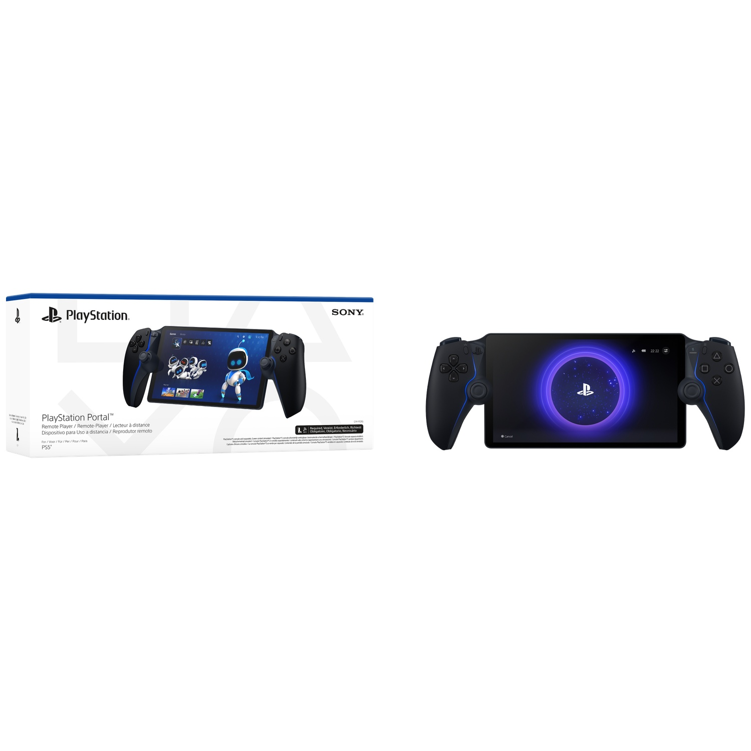 Image shows PlayStation Portal with controllers. A box with the product name. The device shows a loading screen with a PlayStation logo.