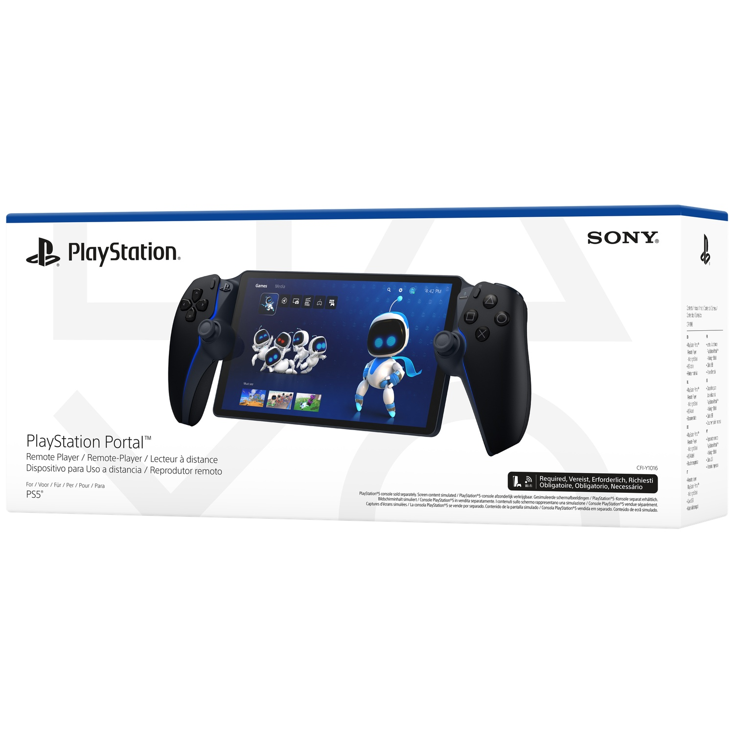 PlayStation Portal box. Shows the device with a screen displaying games. Black controllers on both sides, white background.