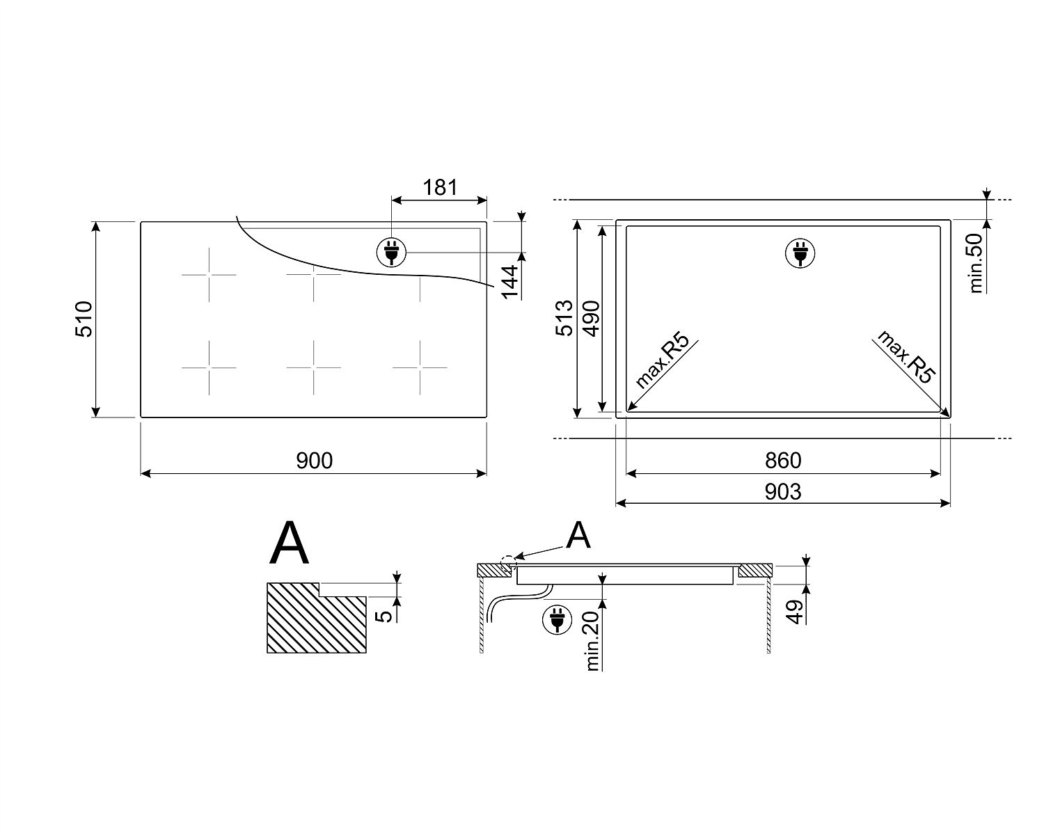 Technische Zeichnung eines Kochfelds, mit Abmessungen und Querschnittsdetails. Enthält Maße in mm und ein Steckdosensymbol.